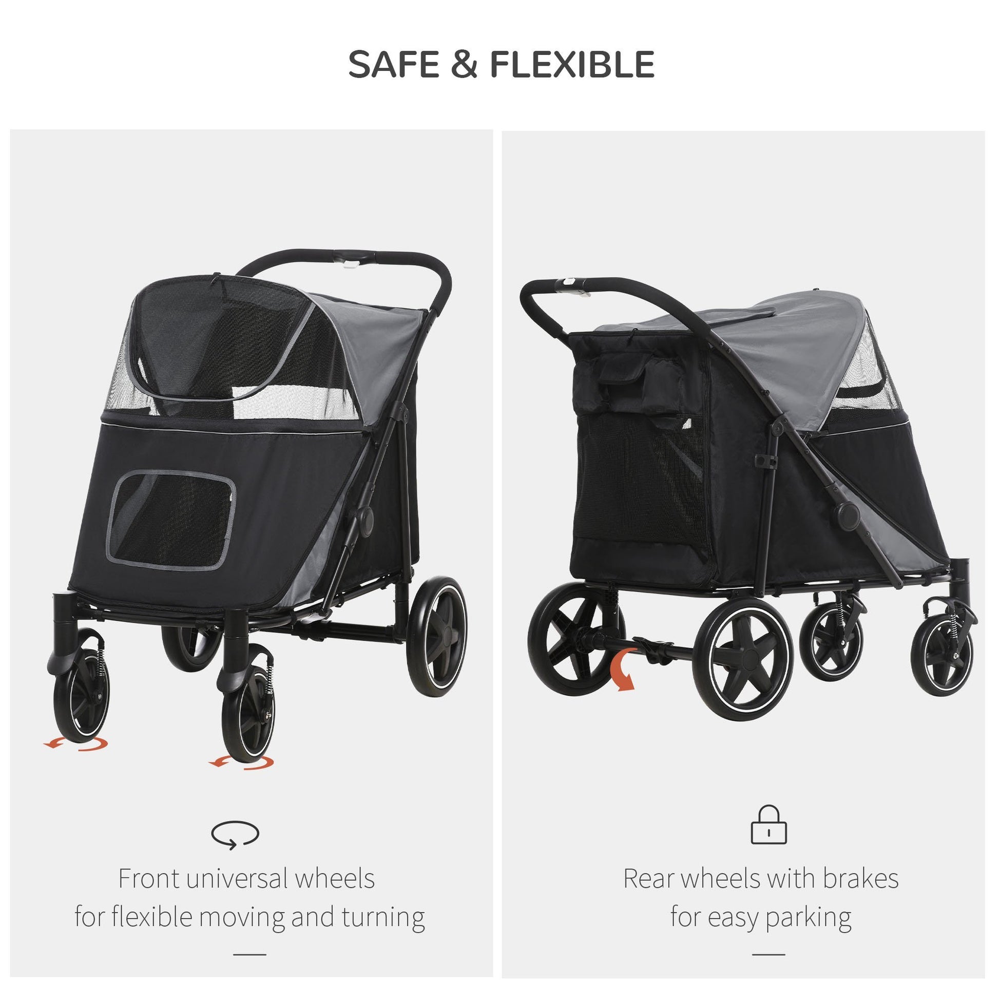 Pawhut One Click Foldable Doggy Stroller For Medium Large Dogs, Pet Stroller With Storage, Smooth Ride With Shock Absorption, Mesh Window, Safety Leash, Big Dog Walking Stroller, Gray Gray Steel