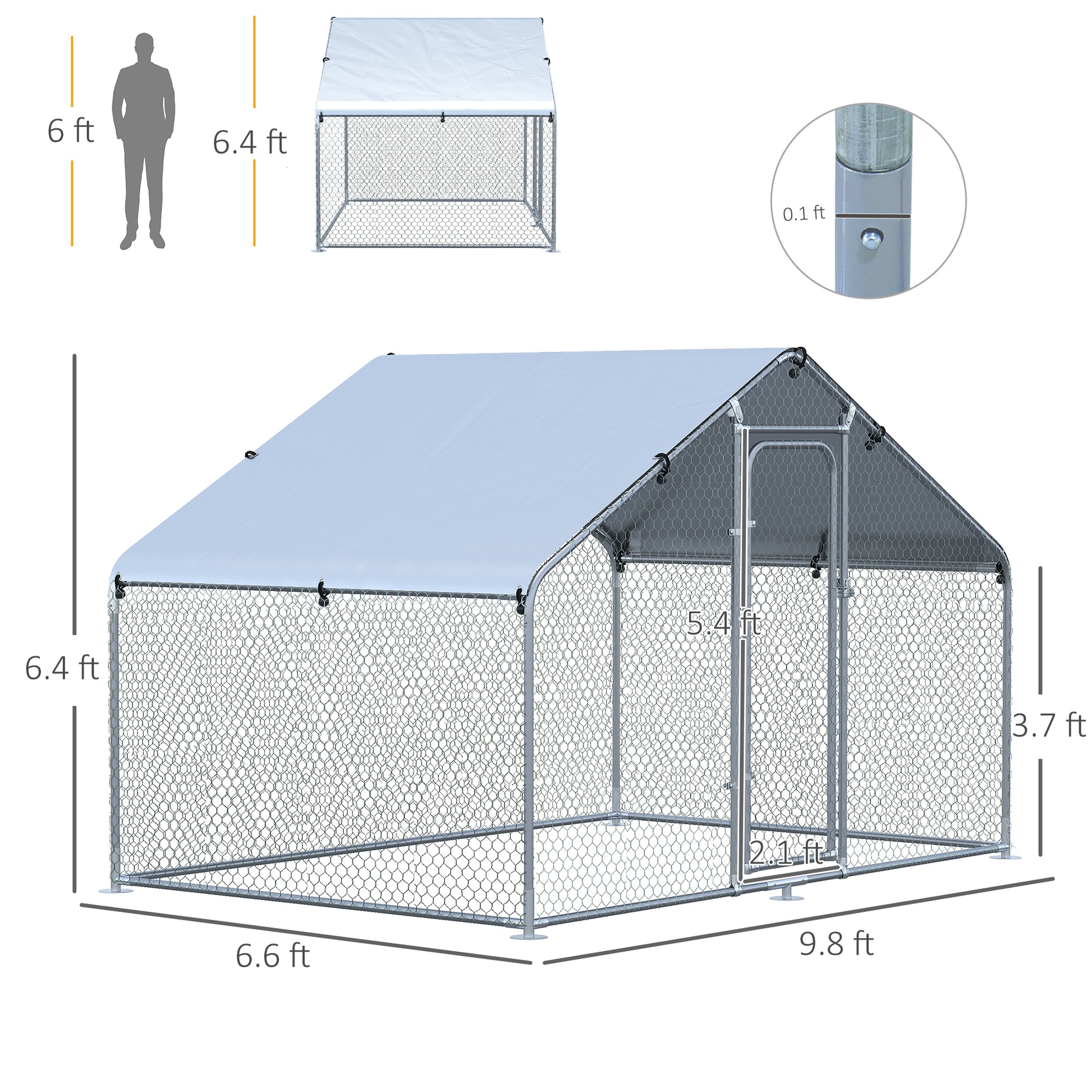 Pawhut Large Chicken Coop Metal Chicken Run With Waterproof And Anti Uv Cover, Spire Shaped Walk In Fence Cage Hen House For Outdoor And Yard Farm Use, 1.26" Tube Diameter, 9.8' X 6.6' X 6.4' Silver Steel