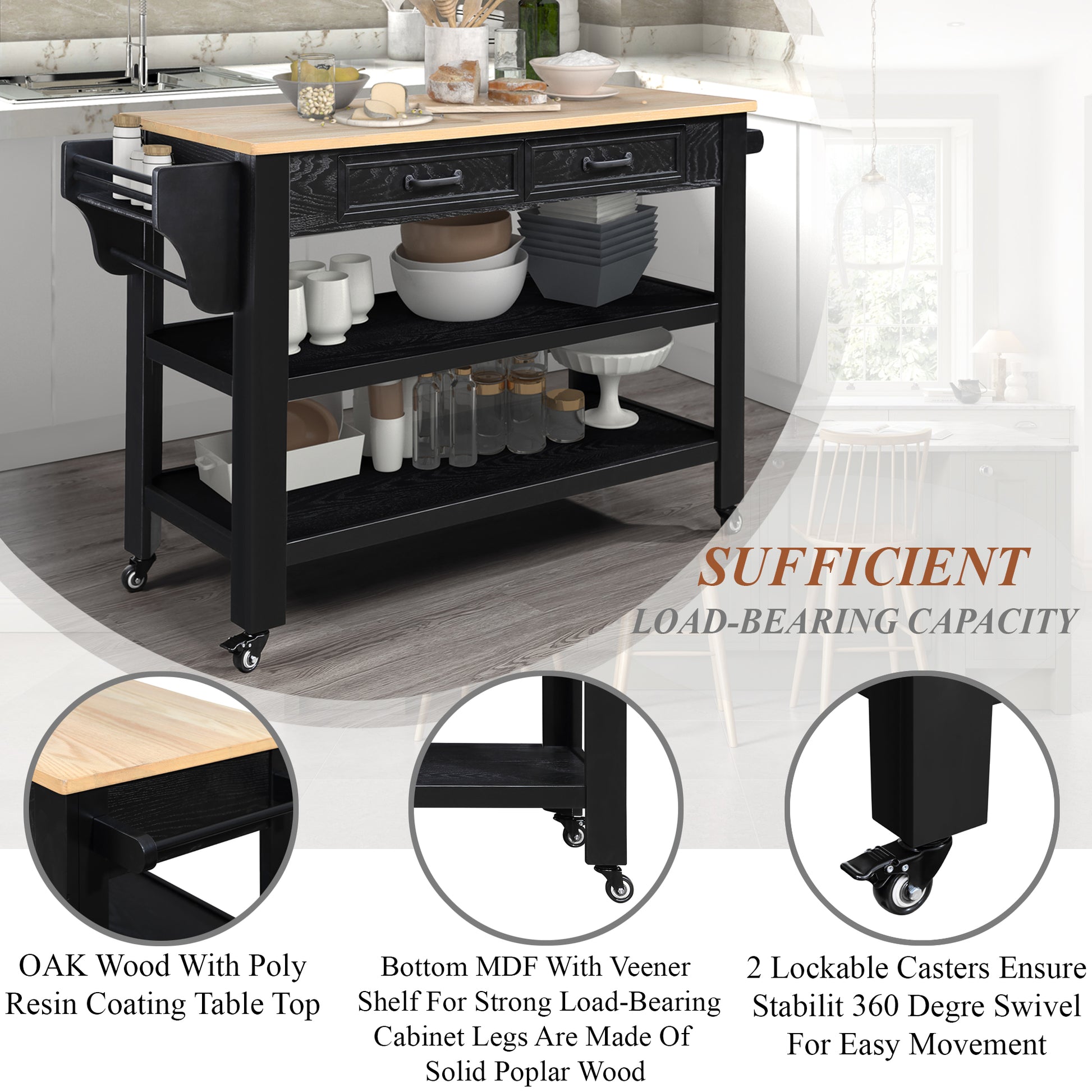 57 Inch Rolling Kitchen Island With Storage,Kitchen Cart With Solid Oak Wood Top,Two Sided Kitchen Island Cart On Wheelswine And Spice Rack, Large Kitchen Cart With 2 Drawers, Black Natural Top Black Natural Dining Room American Design Rectangular