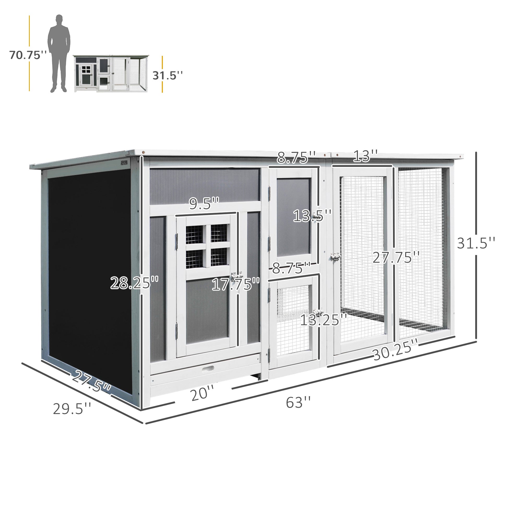 Pawhut 63" Outdoor Chicken Coop Wooden, Chicken Cage With Run Area, Nesting Box, Hen House With Waterproof Roof, Removable Tray Gray Wood