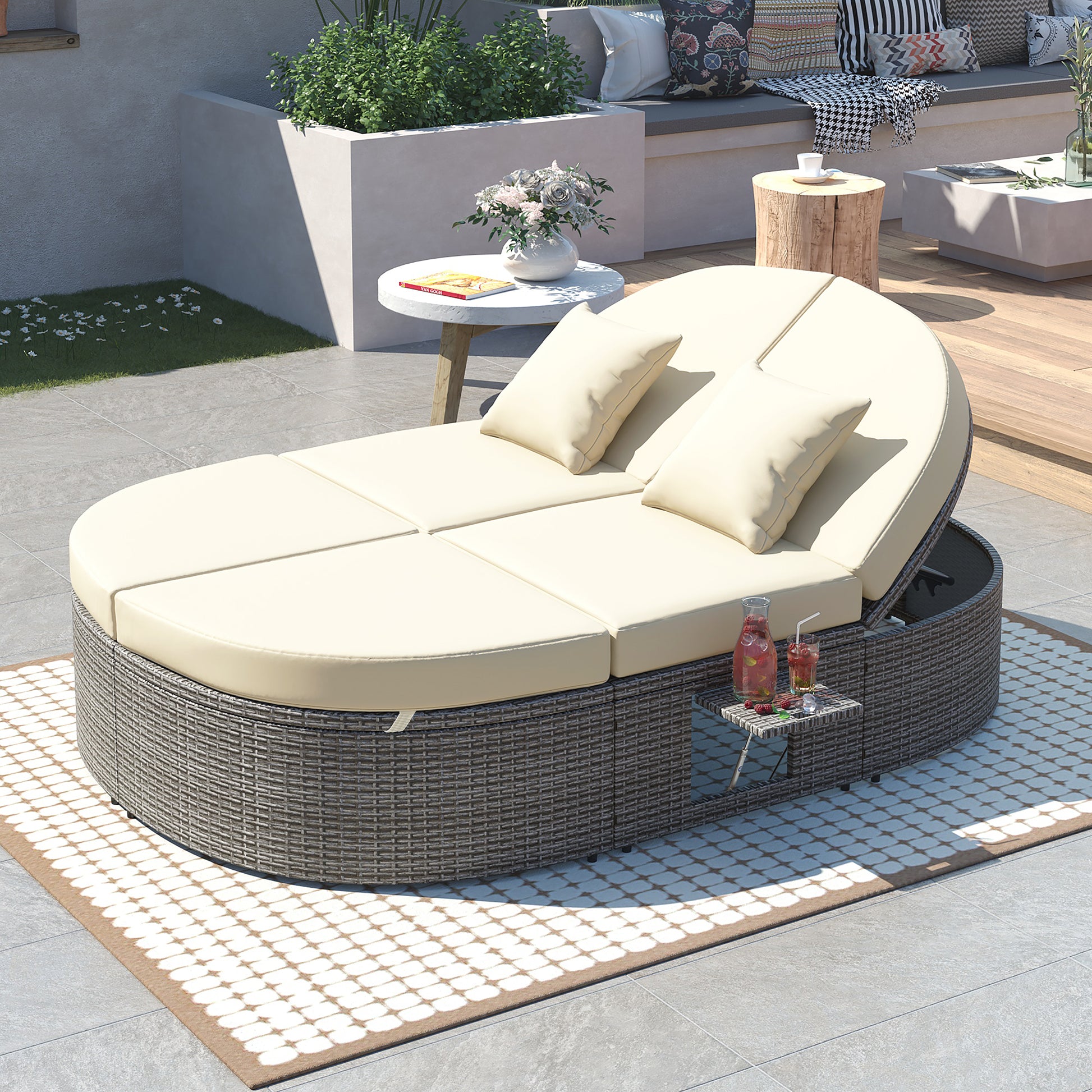 Outdoor Sun Bed Patio 2 Person Daybed With Cushions And Pillows, Rattan Garden Reclining Chaise Lounge With Adjustable Backrests And Foldable Cup Trays For Lawn, Poolside, Beige Yes Complete Patio Set Beige Weather Resistant Frame Water Resistant Cushion