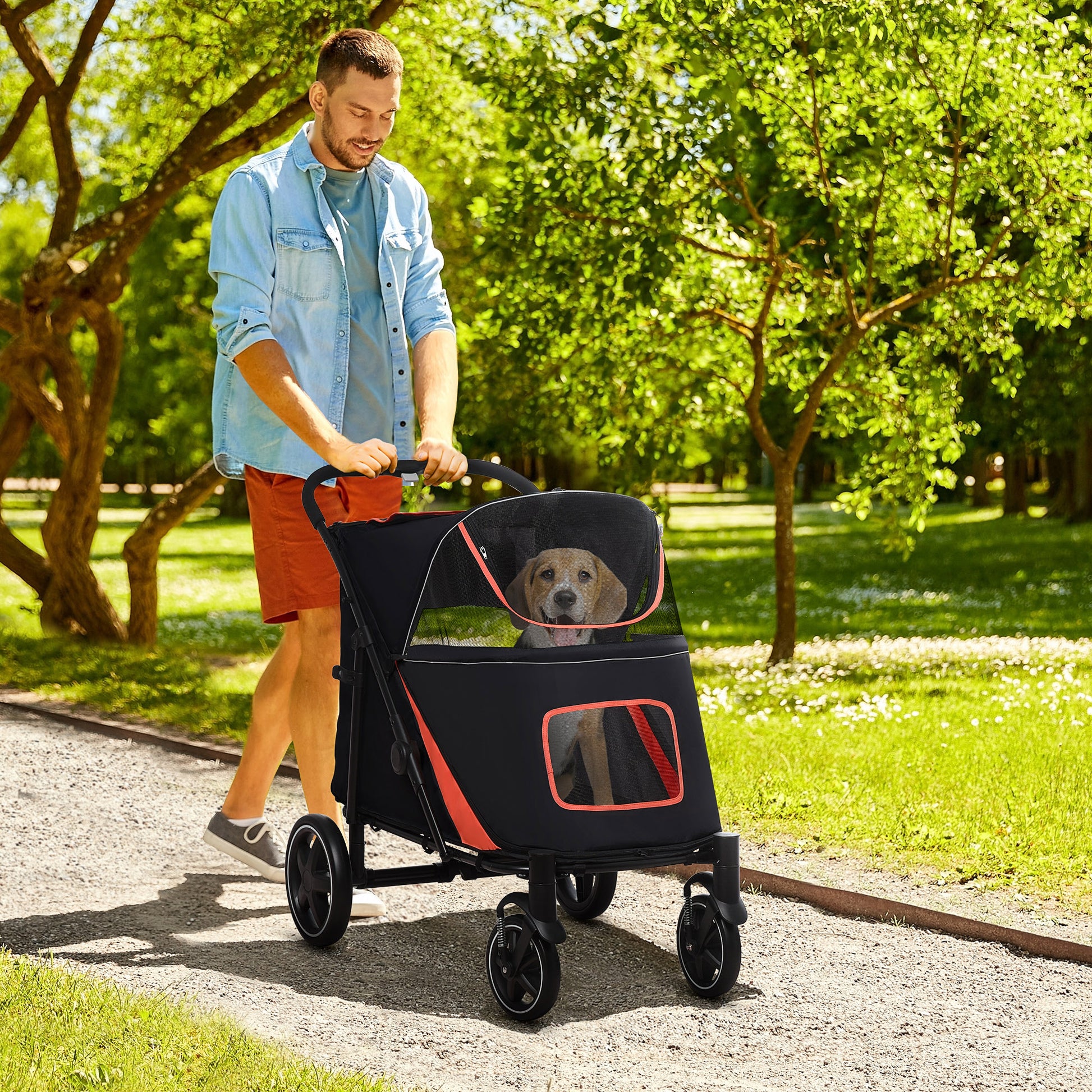 Pawhut 1 Click Foldable Doggy Stroller For Medium Large Dogs, Pet Stroller With Storage, Smooth Ride With Shock Absorption, Mesh Window, Safety Leash