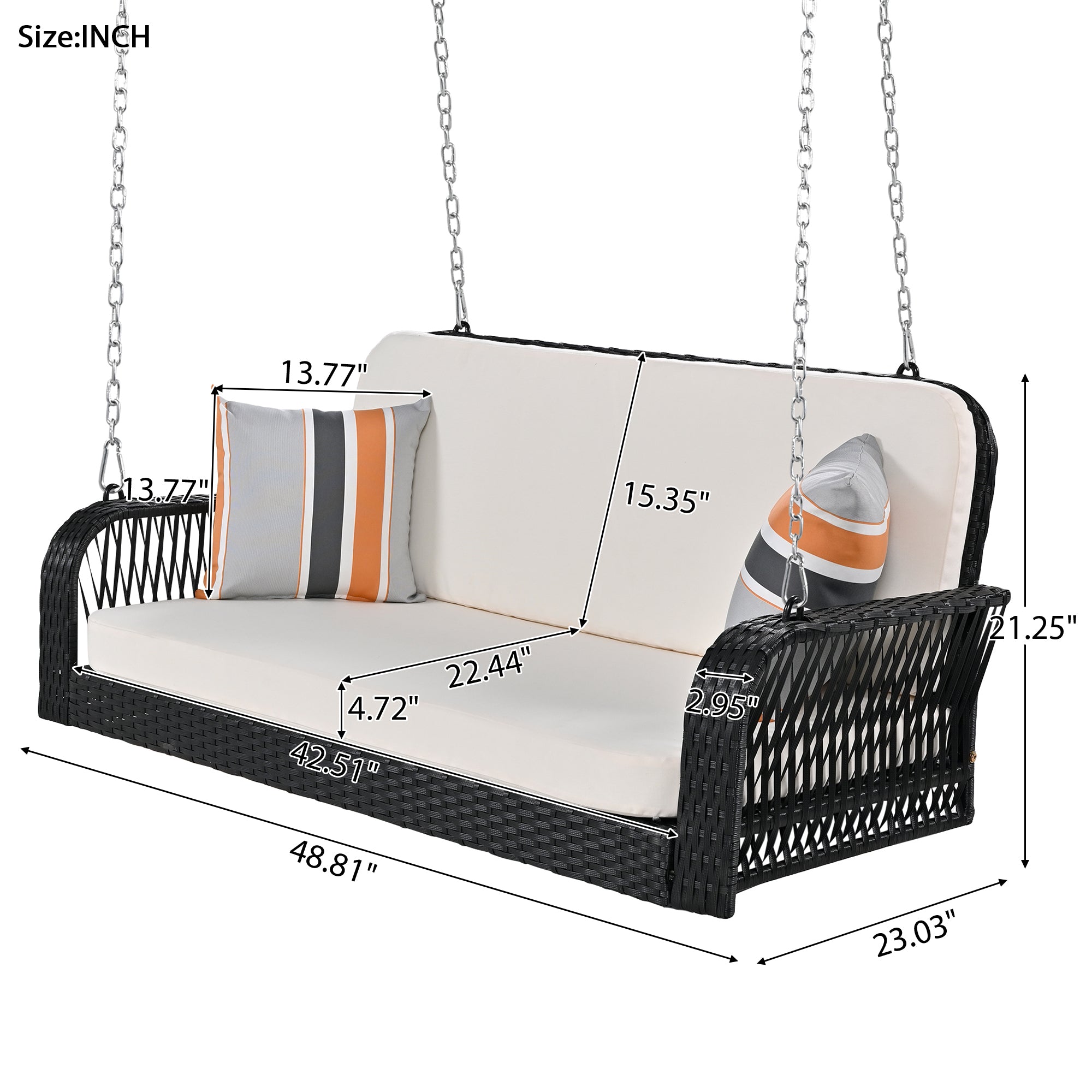 PE Wicker Porch Swing, 2 Seater Hanging Bench With beige+black-foam-wicker