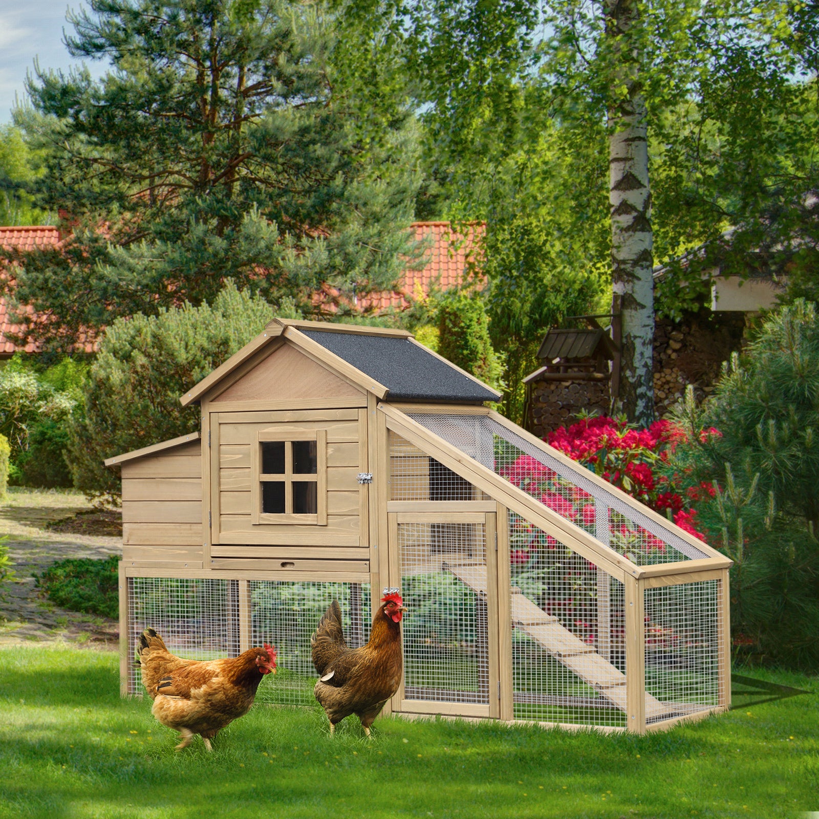 Pawhut 69" Wooden Chicken Coop, Poultry Cage Hen House With Connecting Ramp, Removable Tray, Ventilated Window And Nesting Box, Natural Natural Wood