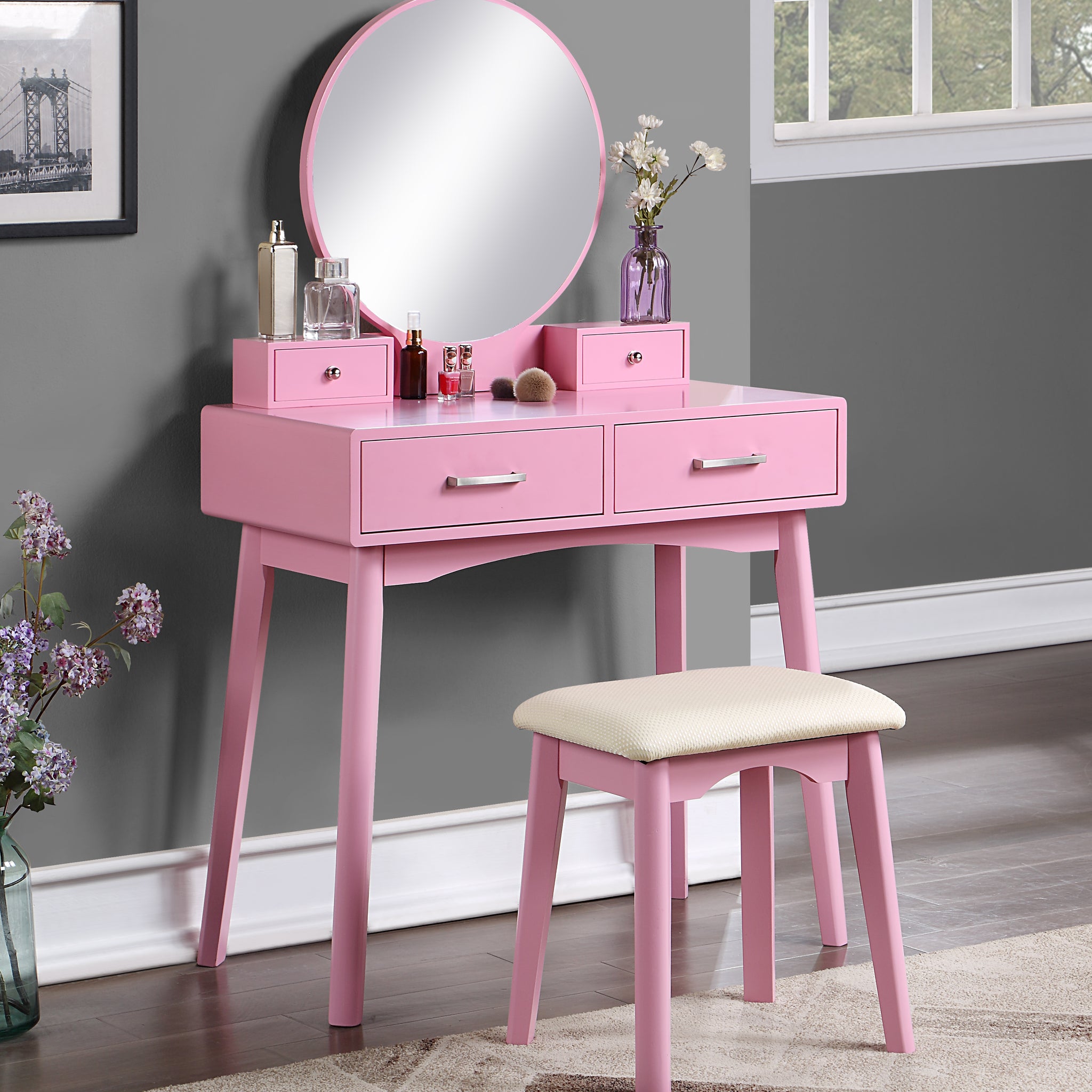 Liannon Contemporary Wood Vanity And Stool Set, Pink Pink Wood