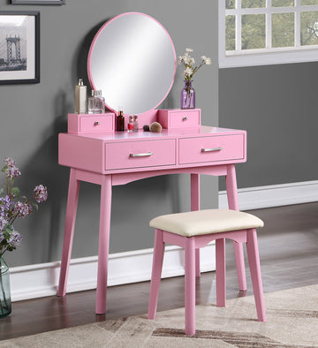 Liannon Contemporary Wood Vanity And Stool Set, Pink Pink Wood