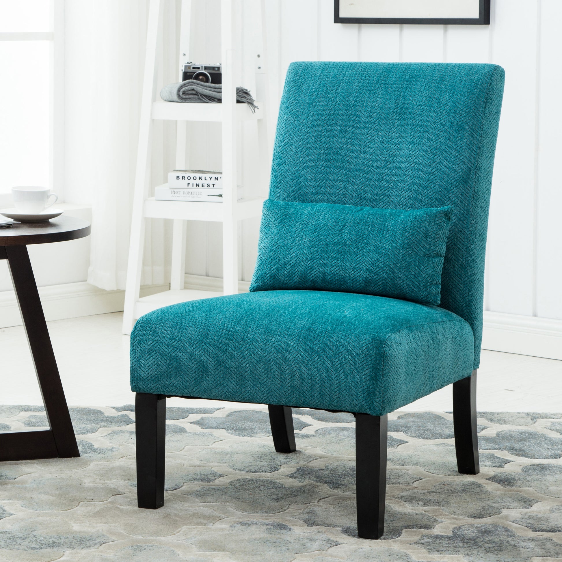 Pisano Contemporary Chenille Fabric Armless Accent Chair With Pillow, Teal Blue Teal Blue Polyester