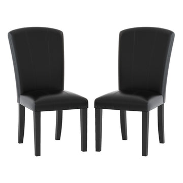 25 Inch Wood Side Chair, Curved Design, Black Vegan Faux Leather, Set Of 2 Black Wood Fabric