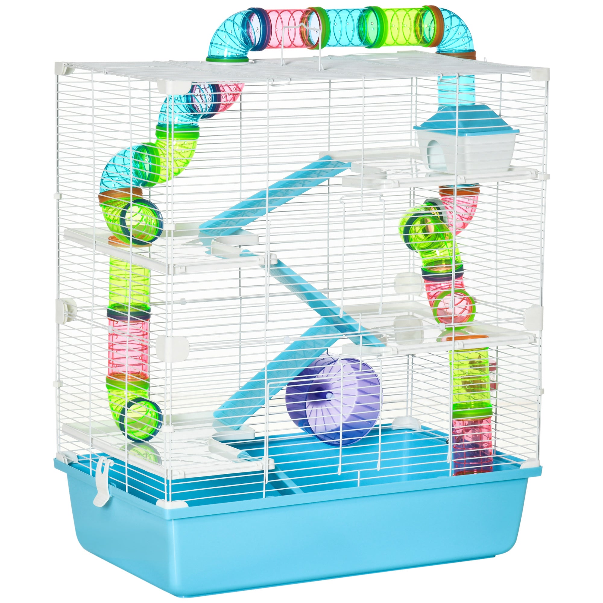 Pawhut Extra Large 23" Hamster Cage With Tubes And Tunnels, Portable Carry Handles, Rat House And Habitats Big 5 Tier Design, Includes Exercise Wheel, Water Bottle, Food Dish, Light Blue Blue Metal