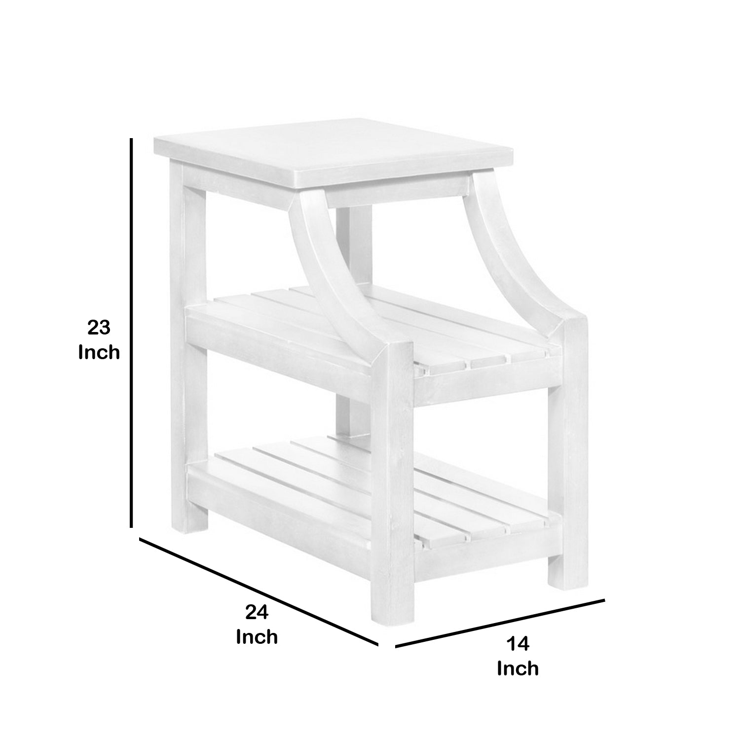 23 Inches Wooden End Table With 2 Slatted Shelves, White White Mdf