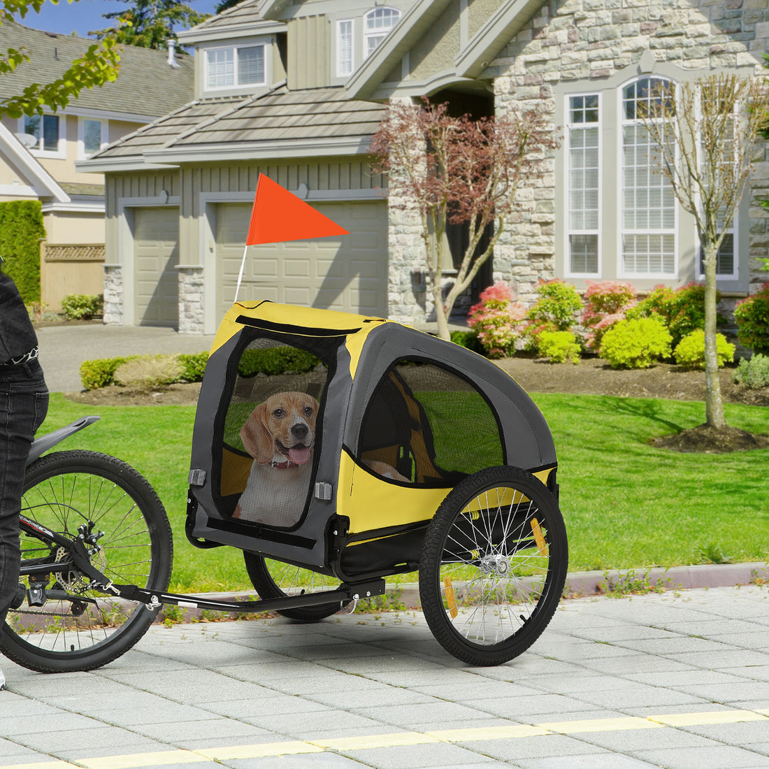 Aosom Dog Bike Trailer, Pet Bike Wagon With Steel Frame, Hitch Coupler, Quick Release Wheels, Reflectors, Flag, Pet Travel Carrier For Medium Dogs, Yellow Yellow Steel