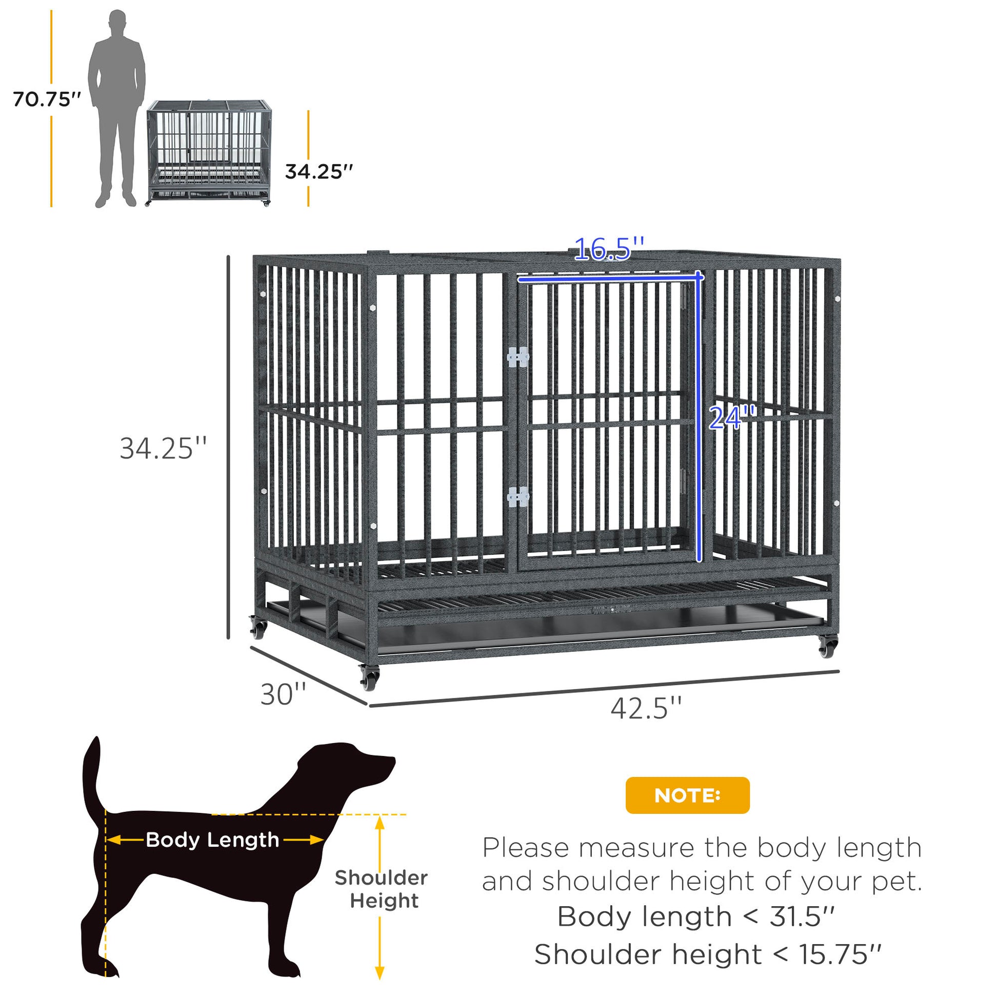 Pawhut 43" Heavy Duty Dog Crate Metal Cage Kennel With Lockable Wheels, Double Door And Removable Tray, Grey Gray Steel