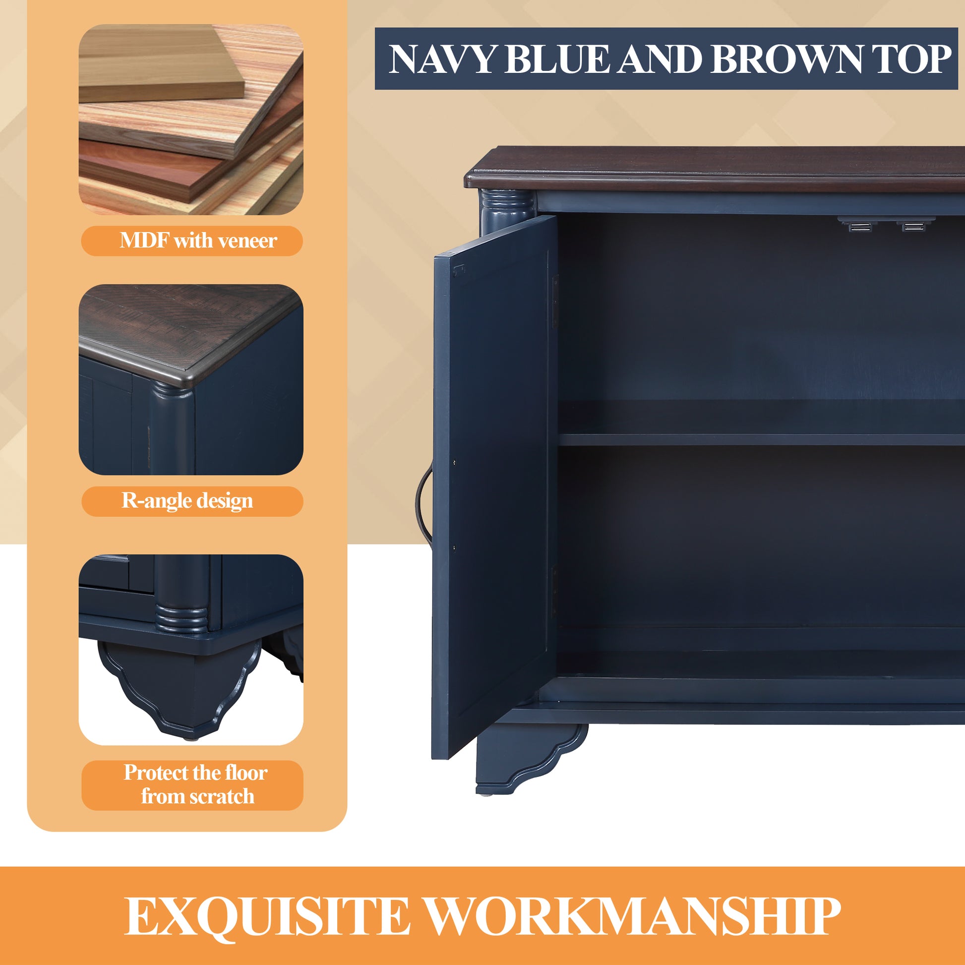 40" Console Table With Storage Shelf, Retro Entryway Table With Adjustable Storage Shelf, Sofa Couch Table For Hallway, Entry Way, Living Room, Foyer, Navy Blue And Brown Top Navy Blue Pine