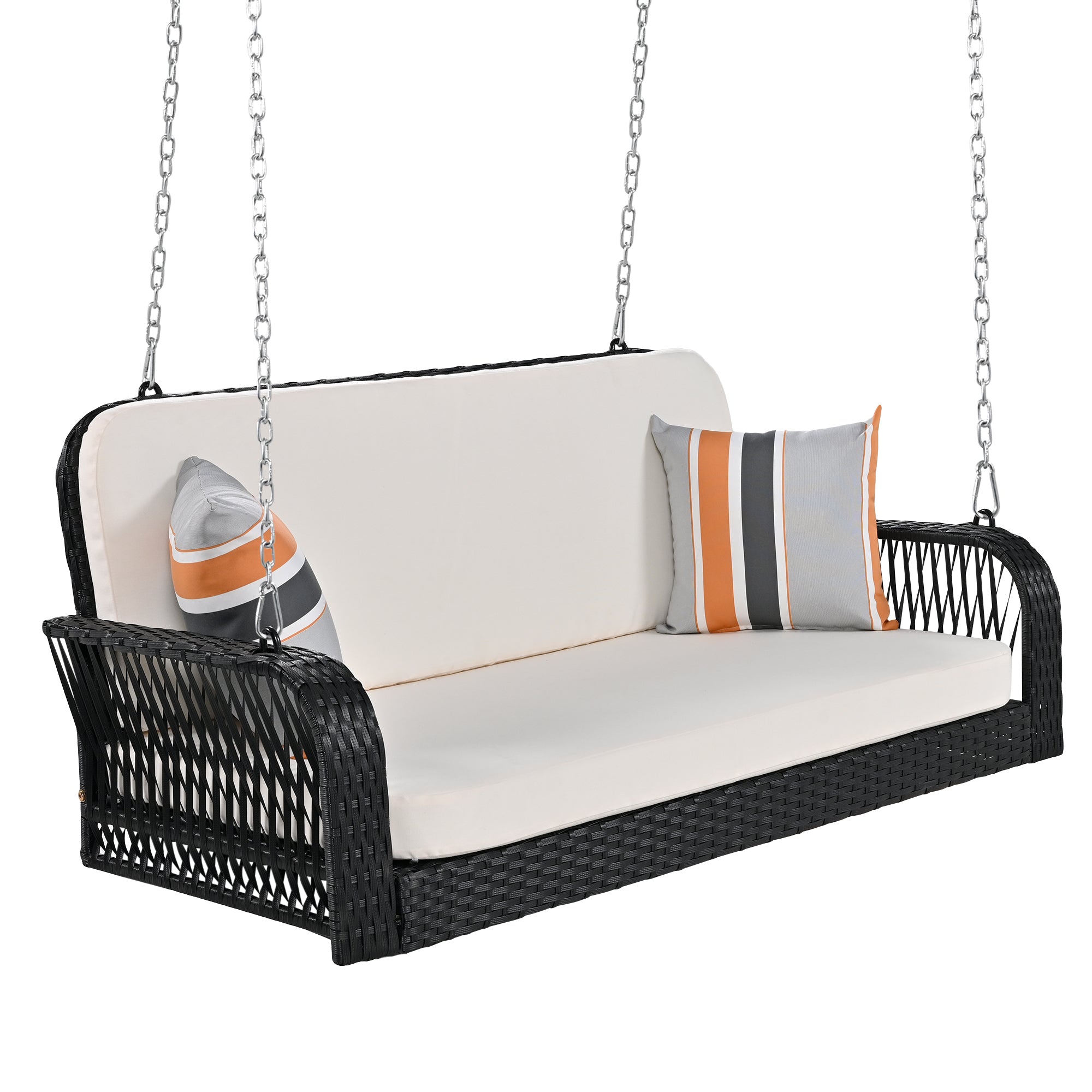 PE Wicker Porch Swing, 2 Seater Hanging Bench With beige+black-foam-wicker