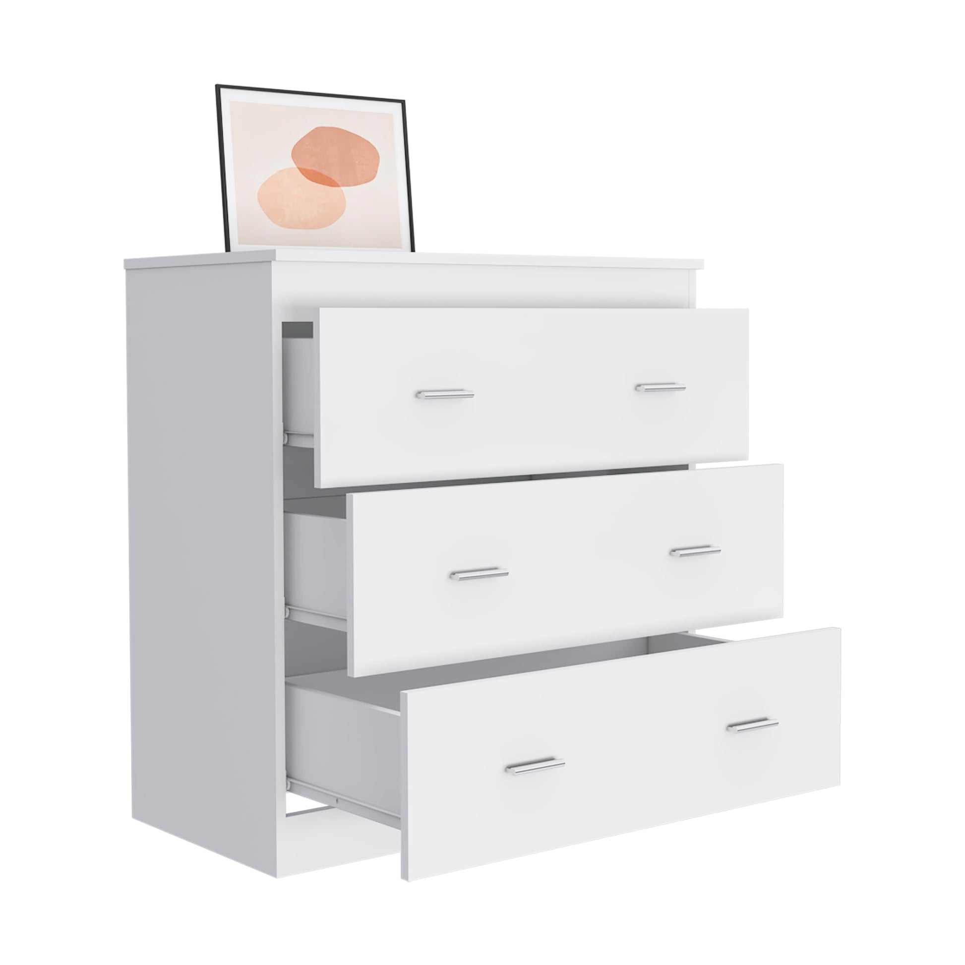 Topaz Three Drawer Dresser, Superior Top, Handles, White White Particle Board Particle Board