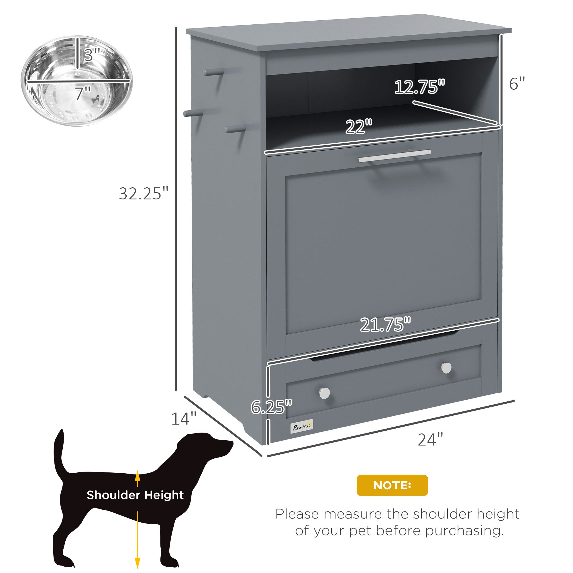 PawHut Pet Feeder Station, Storage Cabinet Dog Food gray-mdf