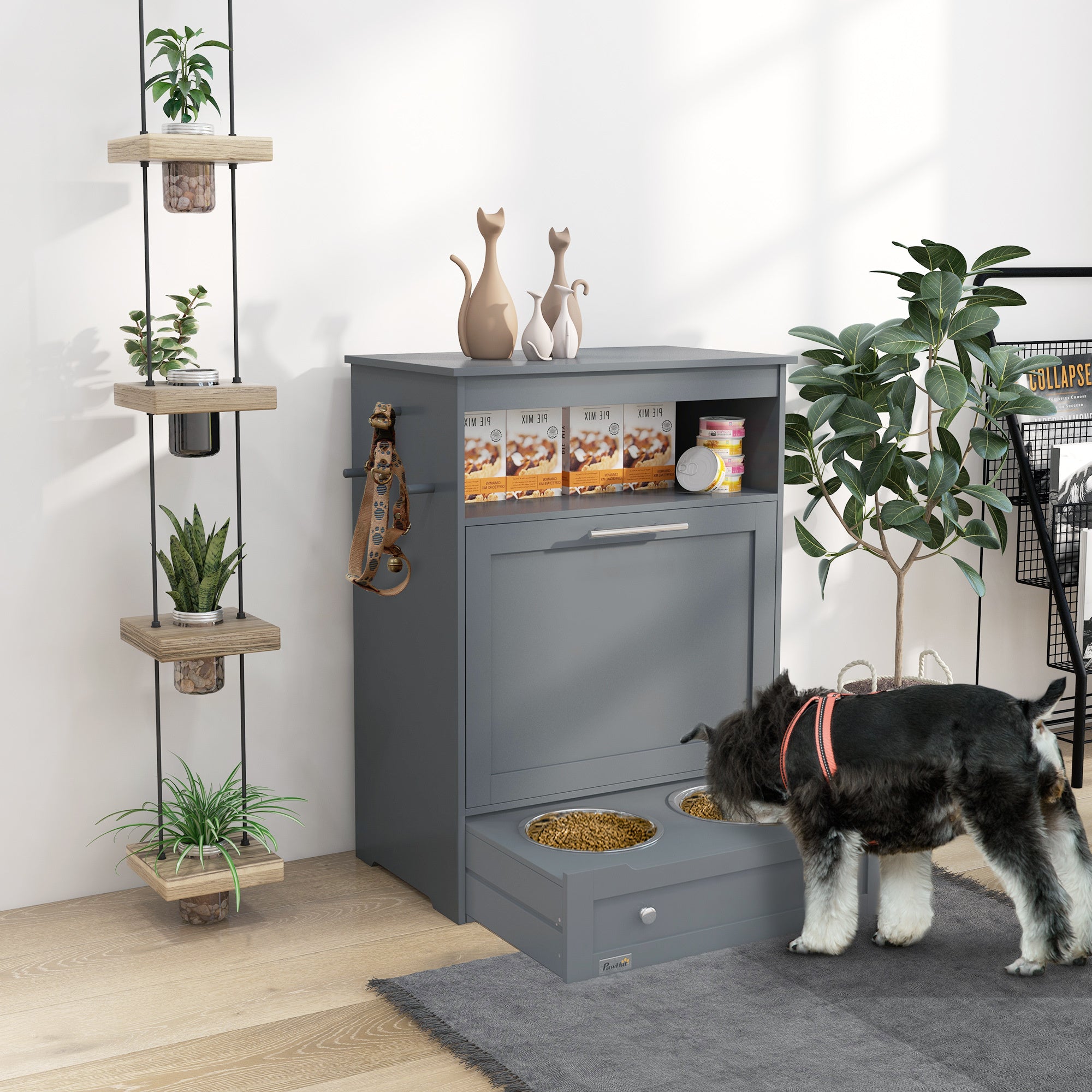 PawHut Pet Feeder Station, Storage Cabinet Dog Food gray-mdf