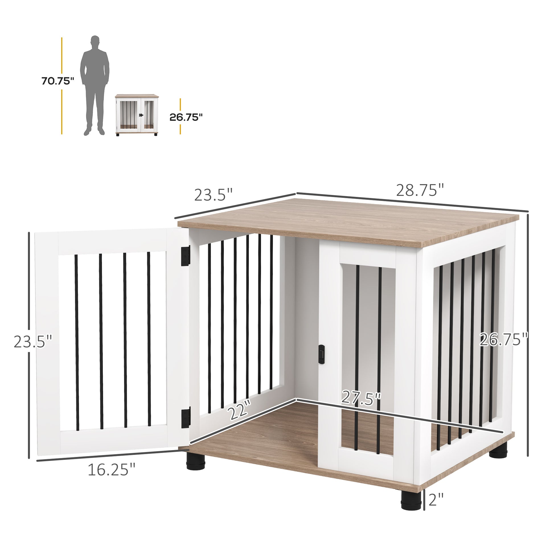 Pawhut Dog Crate Furniture, Side Table Indoor Dog Kennel, End Table With Lockable Door For Small And Medium Dogs, Walnut Brown Brown Steel