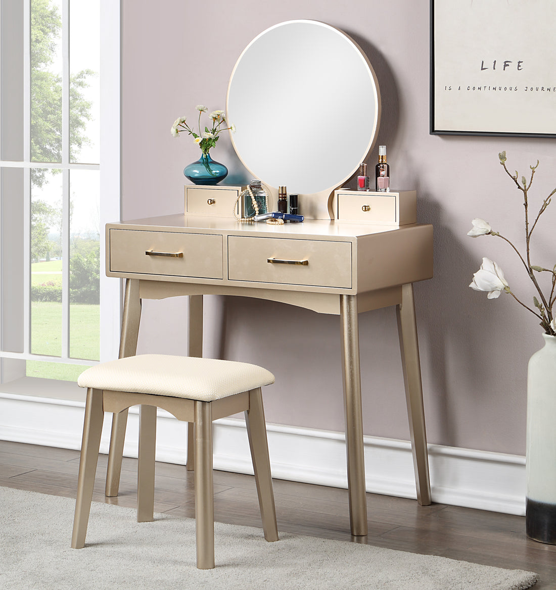 Liannon Contemporary Wood Vanity And Stool Set, Gold Gold Wood