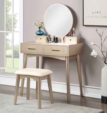 Liannon Contemporary Wood Vanity And Stool Set, Gold Gold Wood