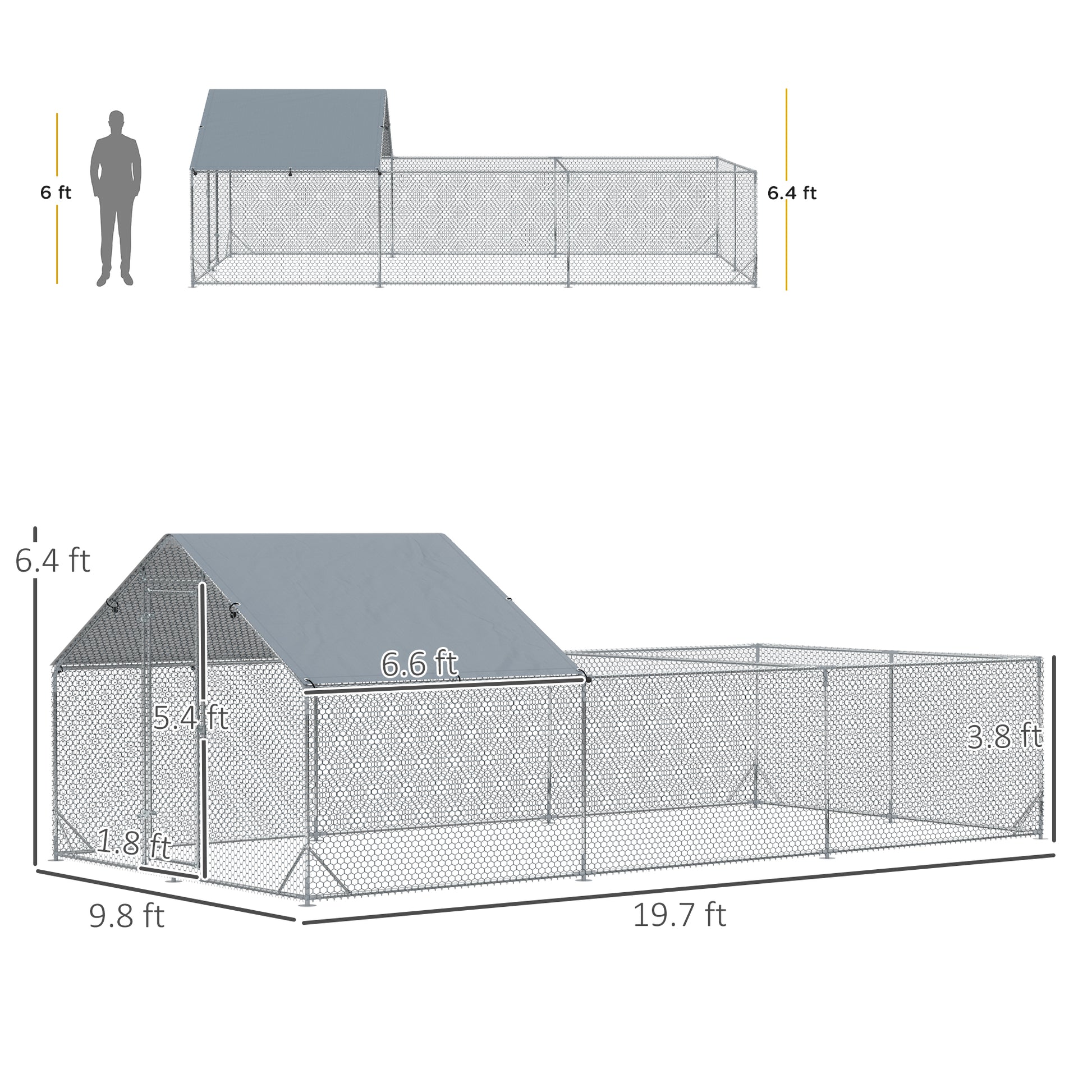 Pawhut Large Chicken Coop Metal Chicken Run For Chickens With Waterproof And Anti Uv Cover, Spire Shaped Walk In Fence Cage Hen House For Outdoor And Yard Farm Use, 1" Dia, 9.8' X 19.7' X 6.4' Silver Steel