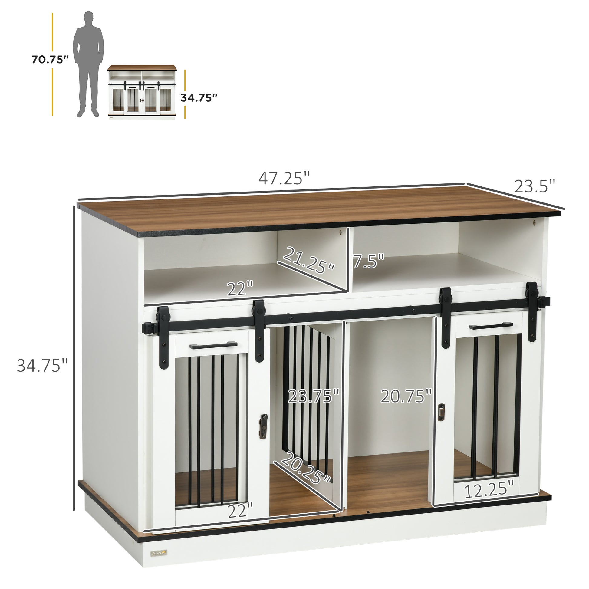 Pawhut Dog Crate Furniture For Large Dogs Or Double Dog Kennel For Small Dogs With Shelves, Sliding Doors, 47" X 23.5" X 35", White White Steel