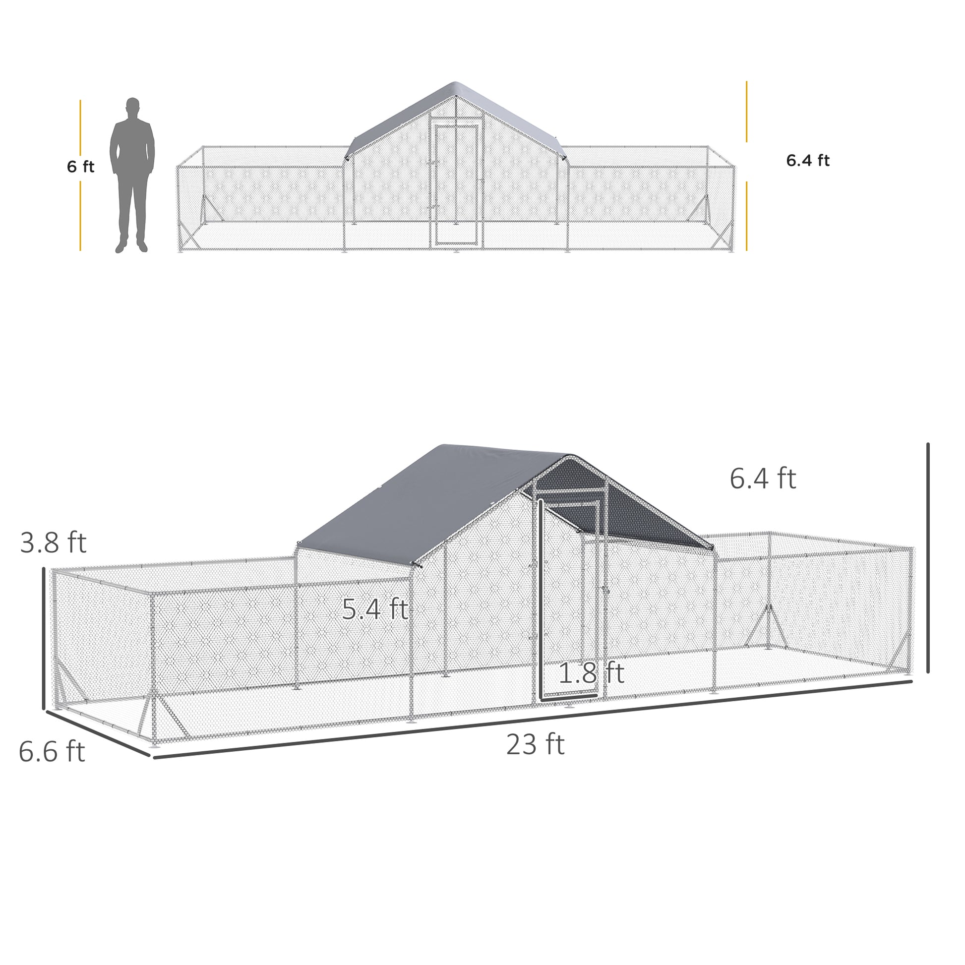 Pawhut Large Metal Chicken Coop Chicken Run For Chicken, Ducks And Rabbits With Waterproof And Anti Uv Cover, Walk In Poultry Cage Hen House For Outdoor And Yard Farm Use, 23' X 6.6' X 6.4' Silver Steel