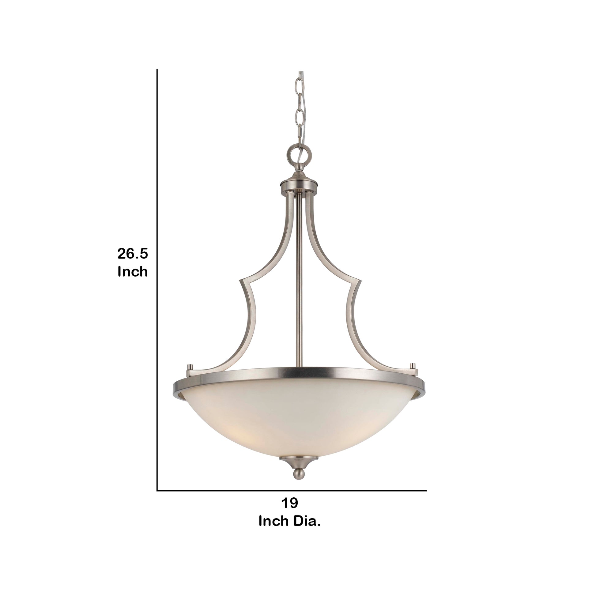 3 Bulb Bowl Style Glass Pendant Fixture With Metal Frame, Silver And White White Silver Glass Metal