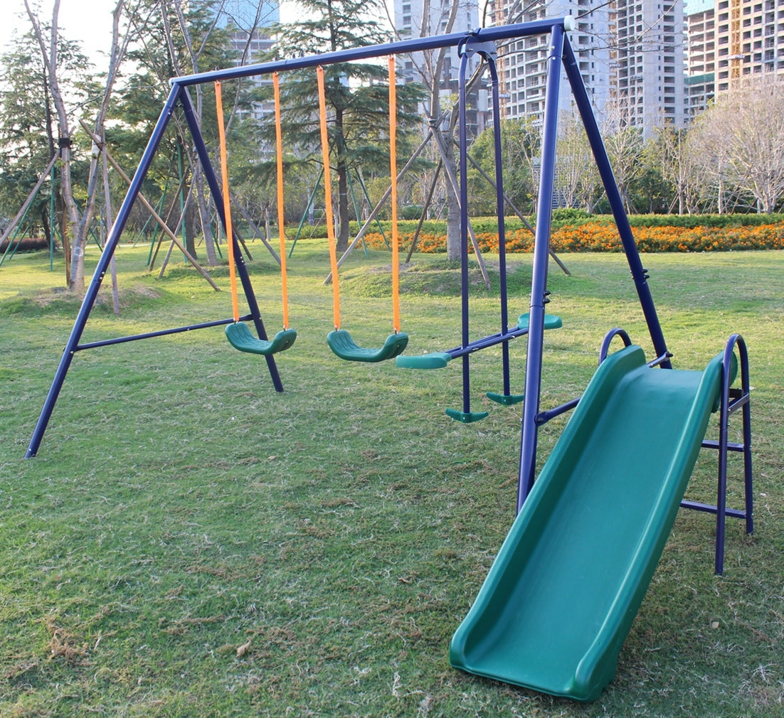 A Frame Metal Swing Set w Slide Blue, Green,