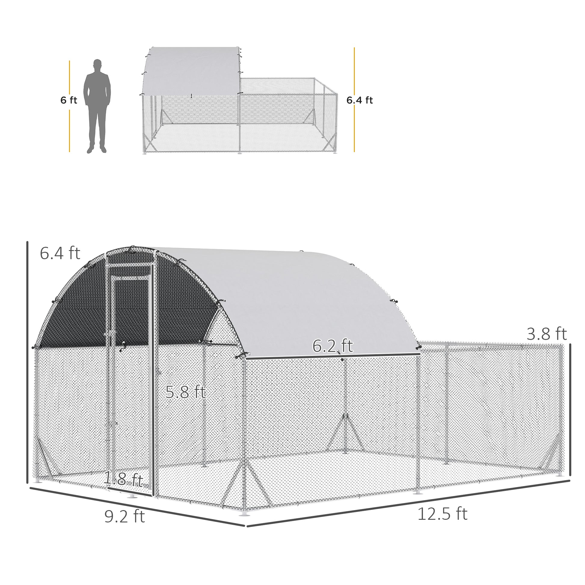 Pawhut Large Chicken Coop Metal Chicken Run For Chickens With Waterproof And Anti Uv Cover, Dome Shaped Walk In Fence Cage Hen House For Outdoor And Yard Farm Use, 1" Dia, 9.2' X 12.5' X 6.4' Silver Steel