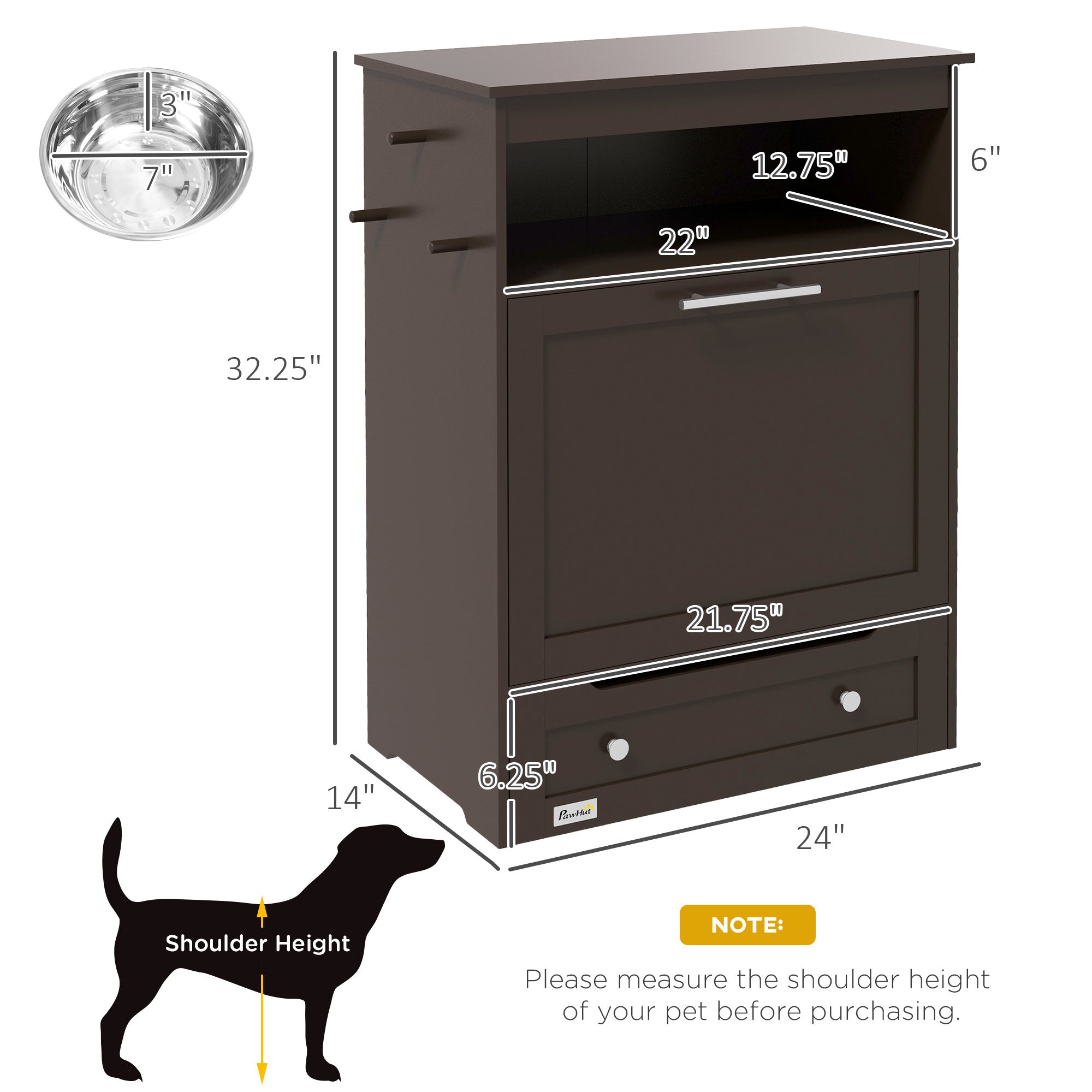 PawHut Pet Feeder Station, Storage Cabinet Dog Food brown-mdf