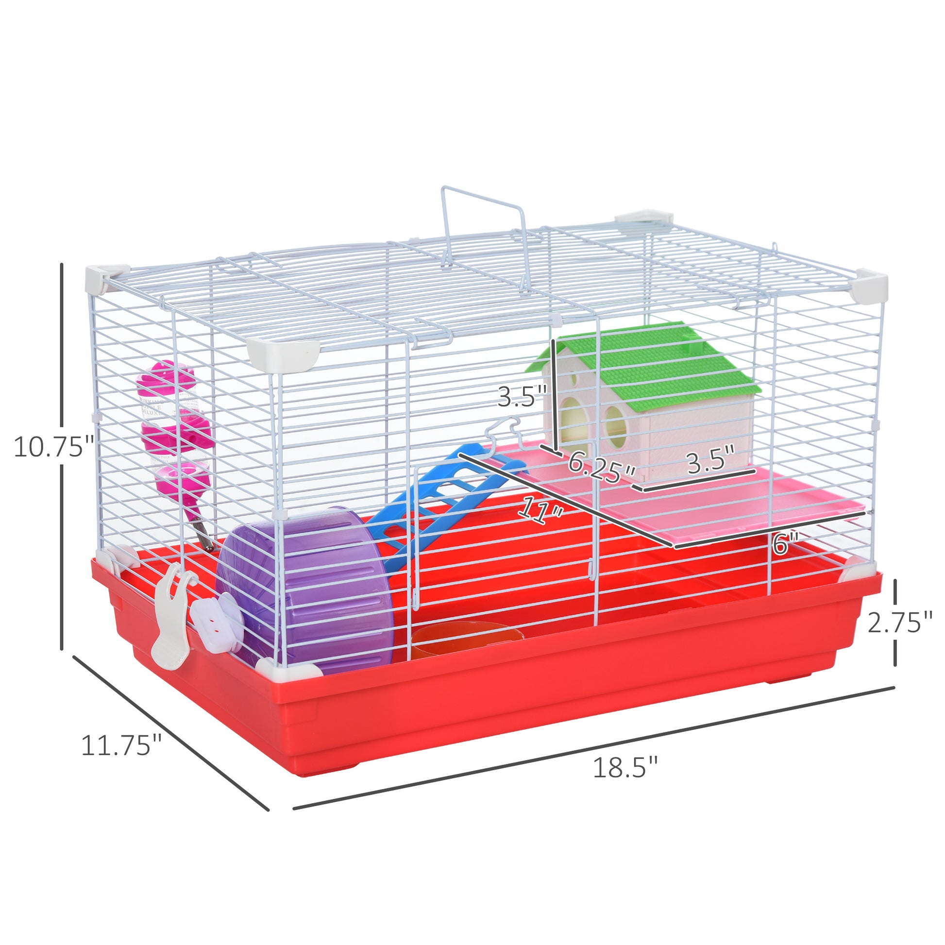 Pawhut 18.5" Hamster Cage With Exercise Wheel And Water Bottle, Dish, Rat House And Habitat 2 Story Design, Red Red Metal