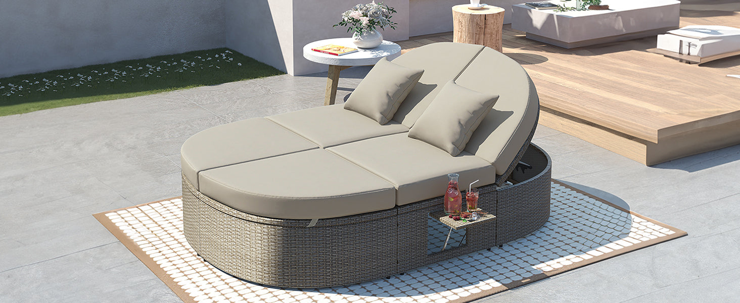 Outdoor Sun Bed Patio 2 Person Daybed With Cushions And Pillows, Rattan Garden Reclining Chaise Lounge With Adjustable Backrests And Foldable Cup Trays For Lawn,Poolside, Gray Yes Complete Patio Set Gray Weather Resistant Frame Water Resistant Cushion