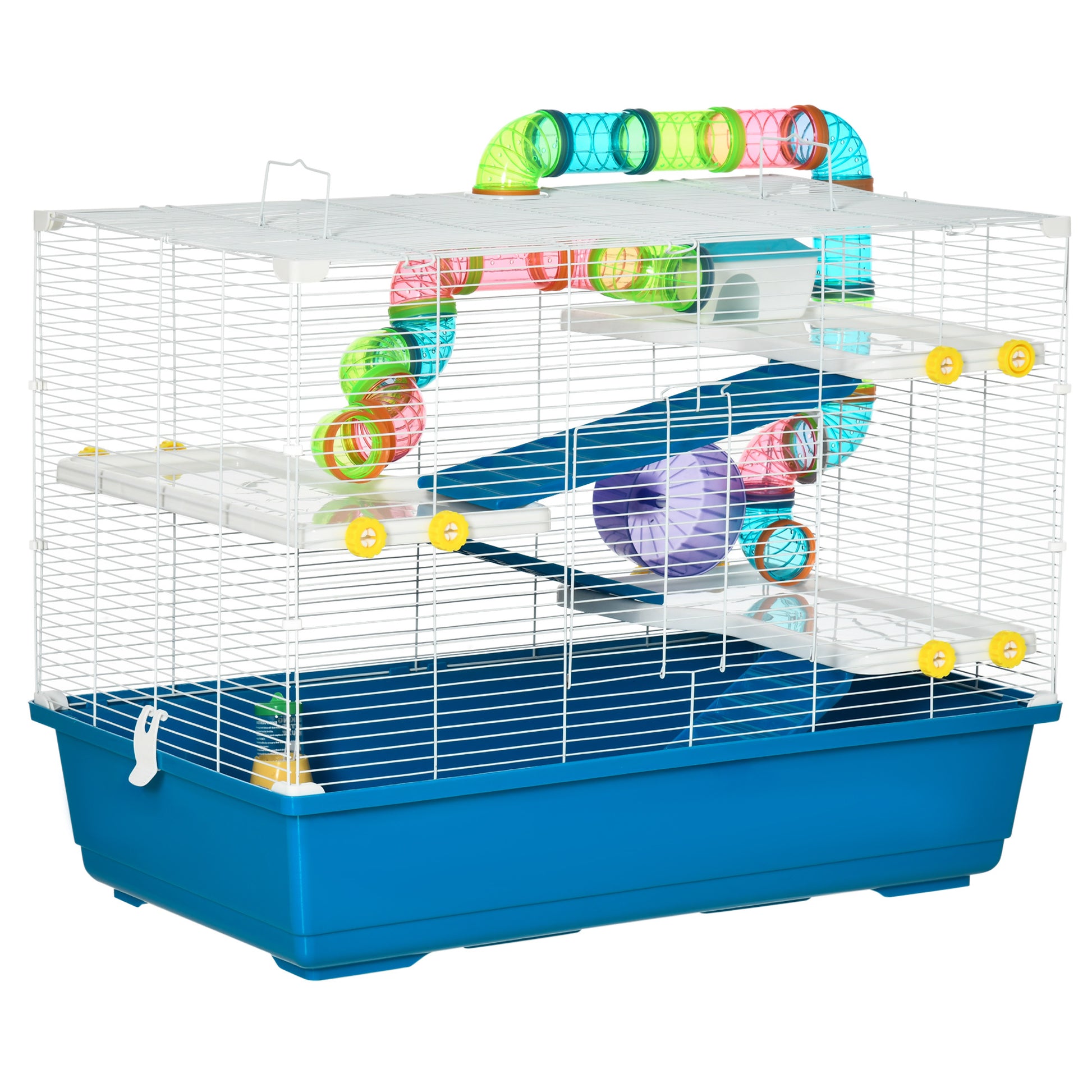 Pawhut 31" Extra Large Hamster Cage With Tubes And Tunnels, 4 Tier Small Animal Cage With Portable Carry Handles, Rat Gerbil Cage With Water Bottle, Food Dish, Exercise Wheel Blue Metal