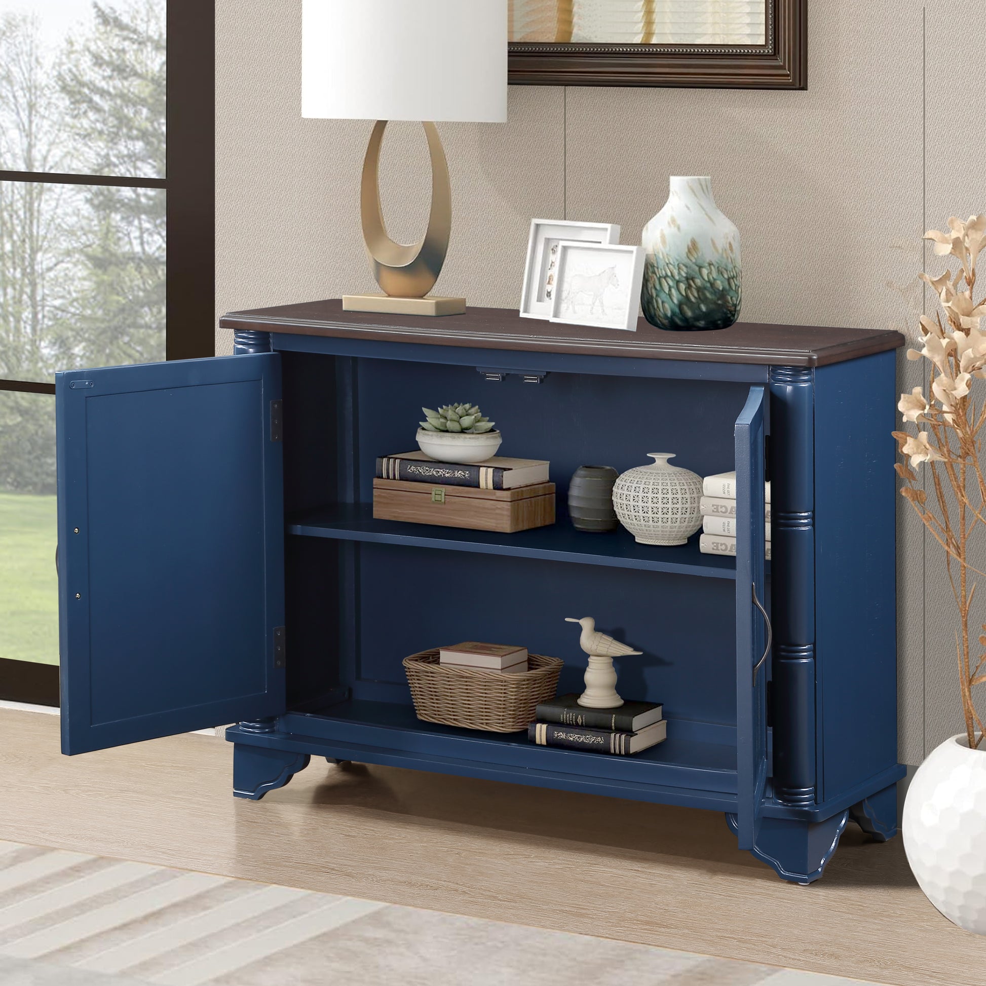 40" Console Table With Storage Shelf, Retro Entryway Table With Adjustable Storage Shelf, Sofa Couch Table For Hallway, Entry Way, Living Room, Foyer, Navy Blue And Brown Top Navy Blue Pine