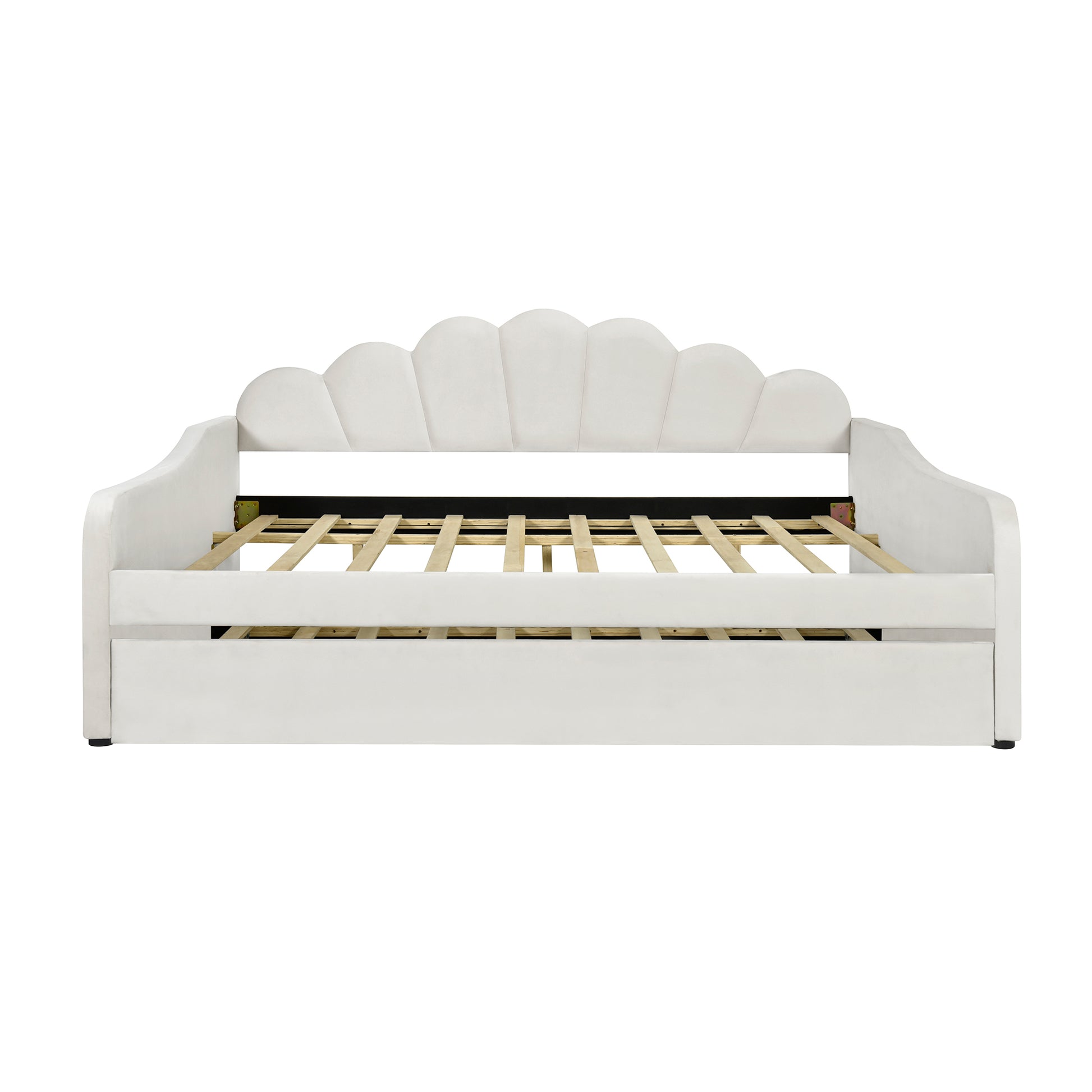 Full Size Upholstery Daybed Frame With Shall Shaped Backrest And Trundle,White Full White Solid Wood Mdf