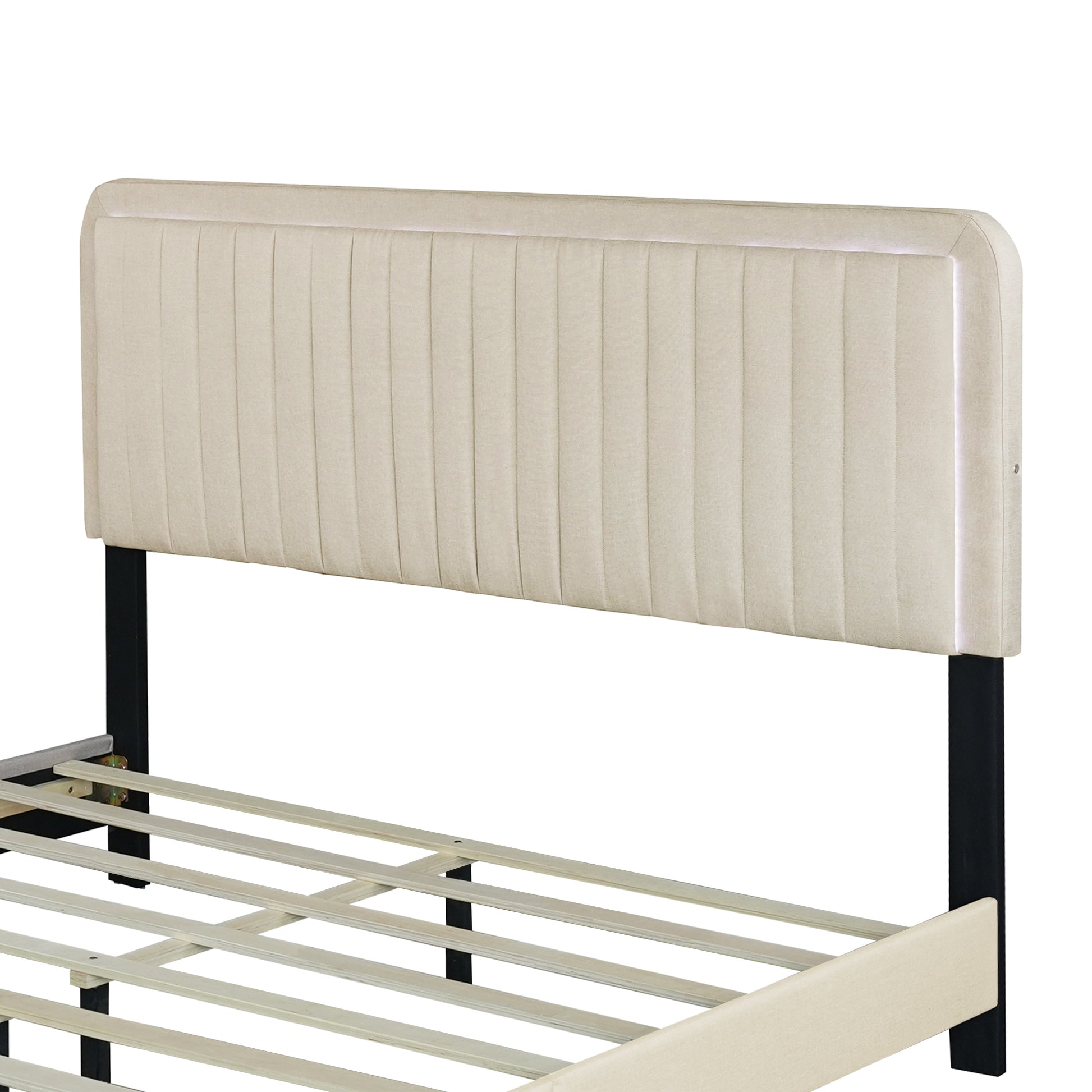 Queen Size Upholstered Bed With Adjustable Height Mattress 10 To 14 Inches Led Design With Footboard Drawers Storage No Box Spring Required Beige Box Spring Not Required Queen Beige Wood Espresso Bedroom American
