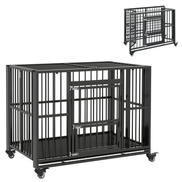 Pawhut 43" Heavy Duty Dog Crate, Strong Steel Foldable Large Dog Crate With 4 Lockable Wheels, Double Doors, Openable Top And Removable Trays For Medium And Large Dogs, Black Black Steel