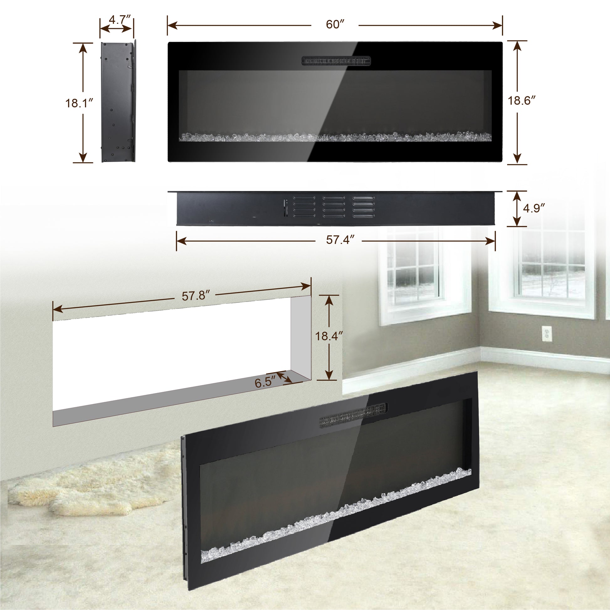 60 Inch Electric Fireplace, Recessed And Wall Mounted Fireplace Powder Coated Electric Antique Black Vent Free Yes Tempered Glass Sheet Metal Plastic Electric