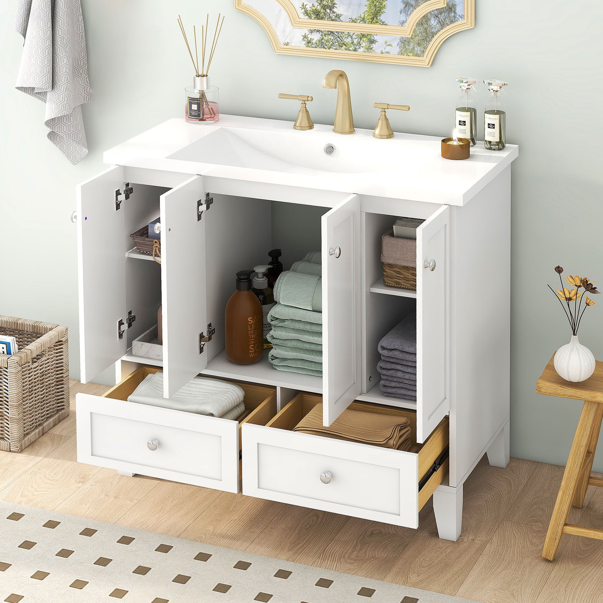 36'' Bathroom Vanity with Resin Sink Combo,Solid Wood 2-white-4+-5+-adjustable