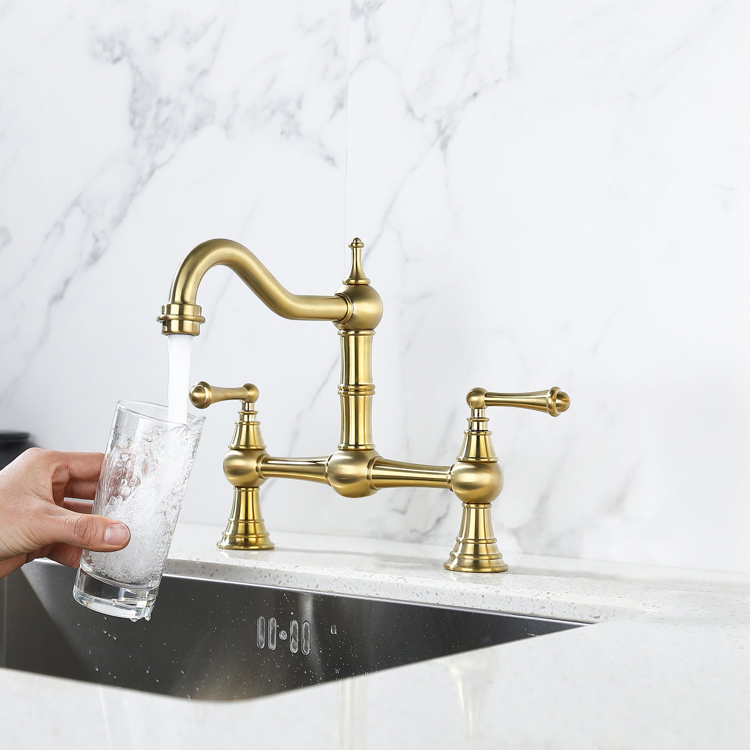 Double Handle Widespread Kitchen Faucet with brushed gold-brass