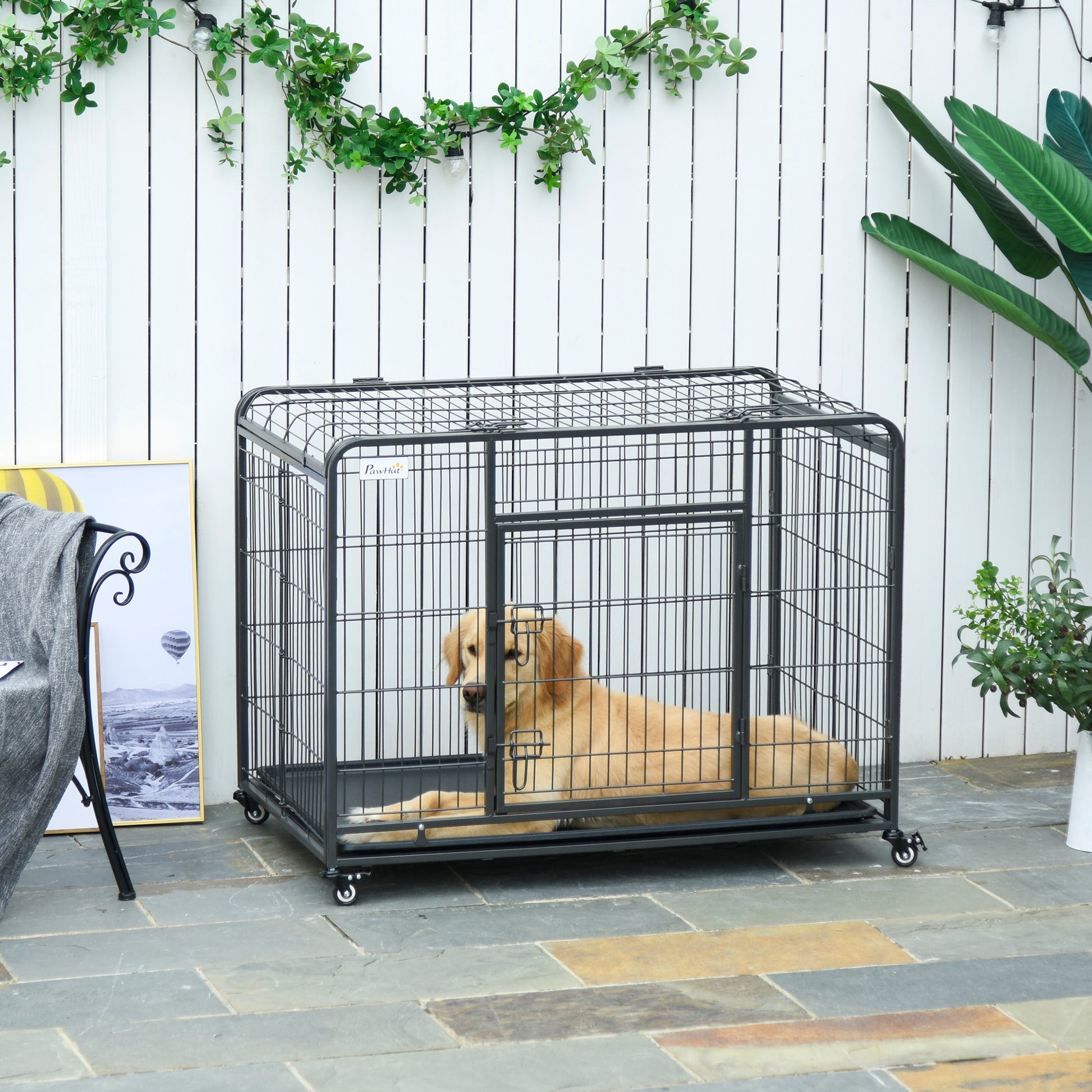 Pawhut Folding Design Heavy Duty Metal Dog Cage Crate & Kennel With Removable Tray And Cover, & 4 Locking Wheels, Indoor Outdoor 43" Gray Steel