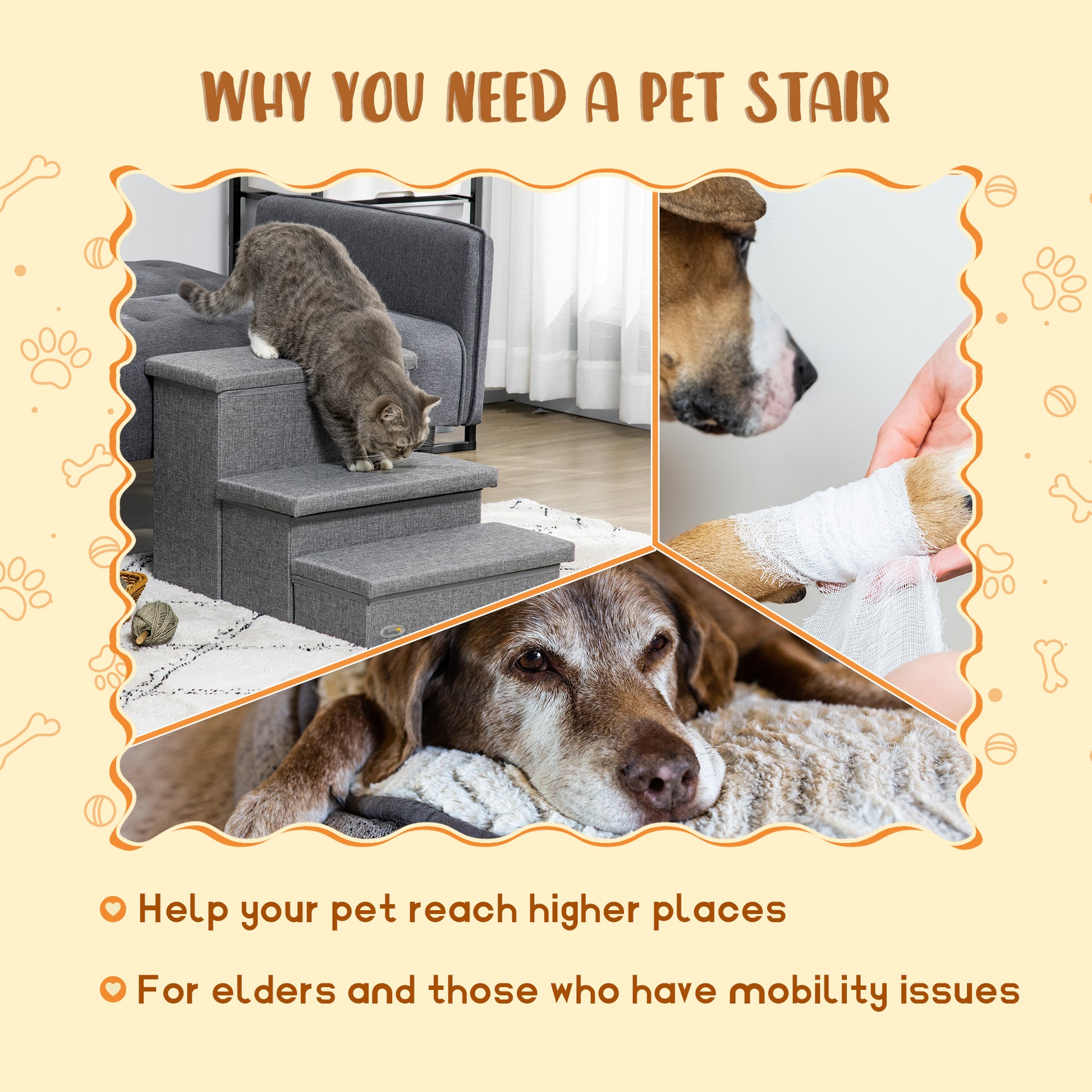 Pawhut 3 Steps Pet Stairs With Storage, Dog Steps For Couch, Bed, Pet Steps For Injured Pet, Older Pets, Small Cats, Gray Gray Mdf