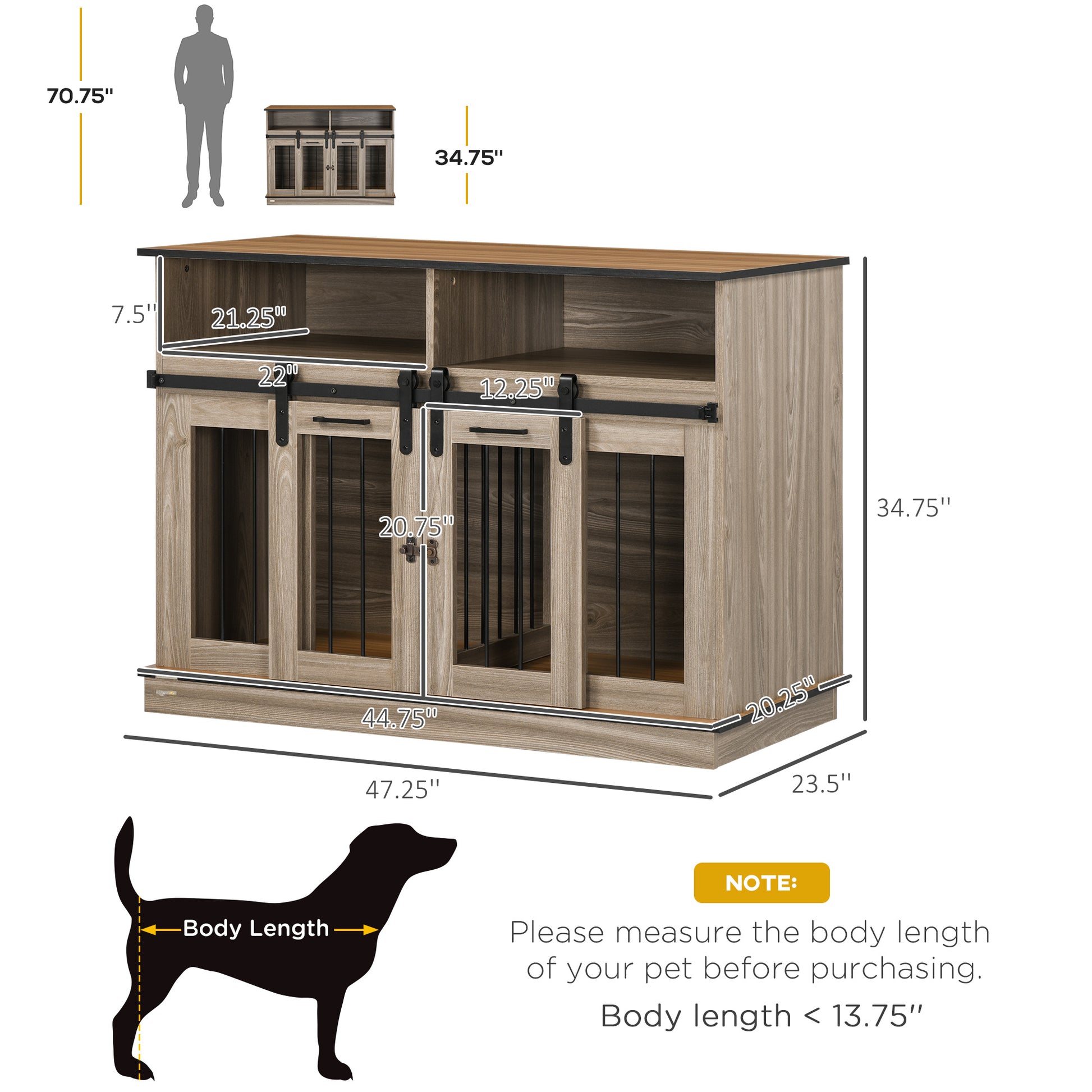 Pawhut Dog Crate Furniture For Large Dogs Or Double Dog Kennel For Small Dogs With Shelves, Sliding Doors, 47" X 23.5" X 35", Oak Natural Steel