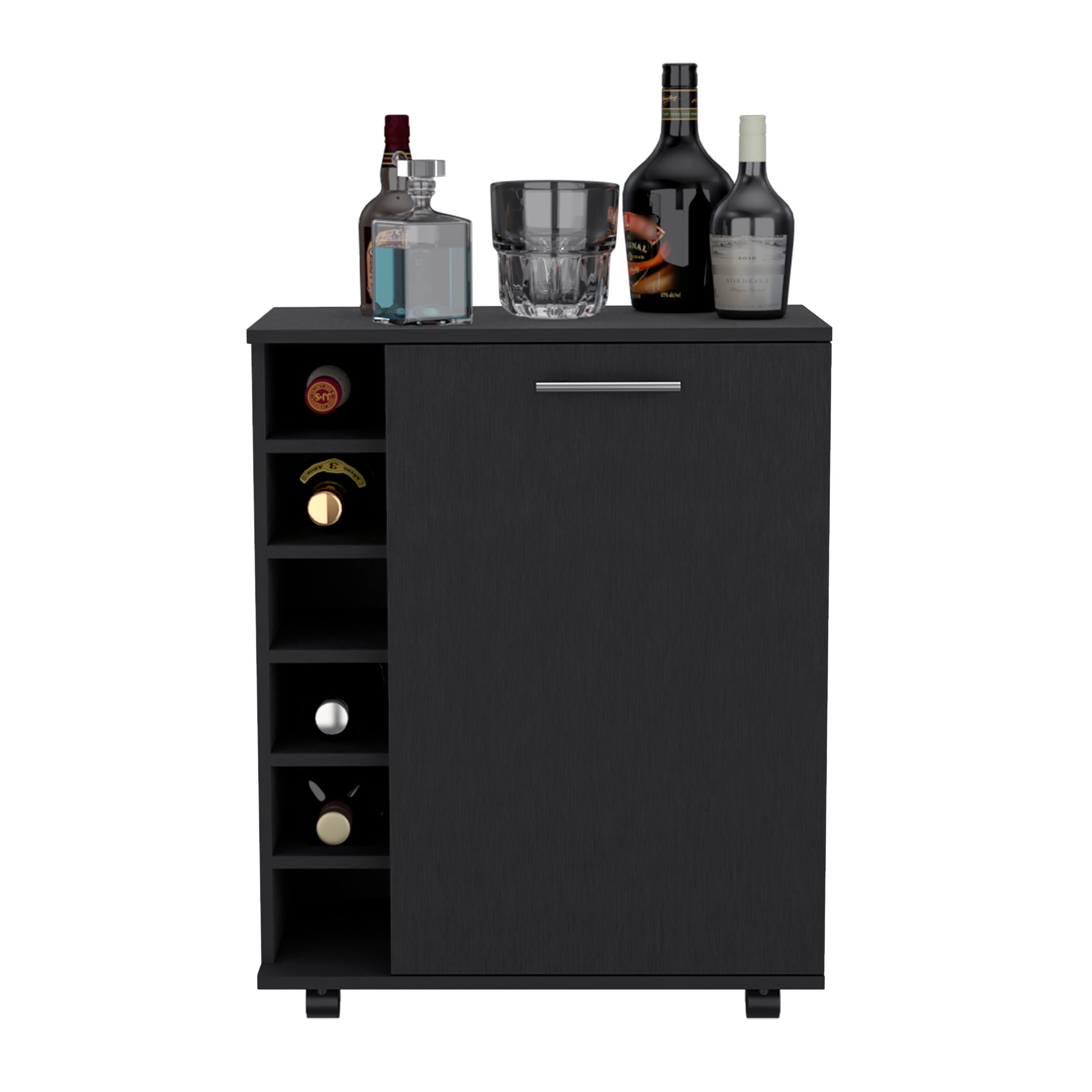 Bar Coffee Cart 32" H, Kitchen Or Living Room Cabinet Storage With 4 Wheels, With 6 Bottle Racks, A Central Shelf Covered By 1 Door, Ideal For Storing Glasses And Snacks, Black Black Particle Board Particle Board