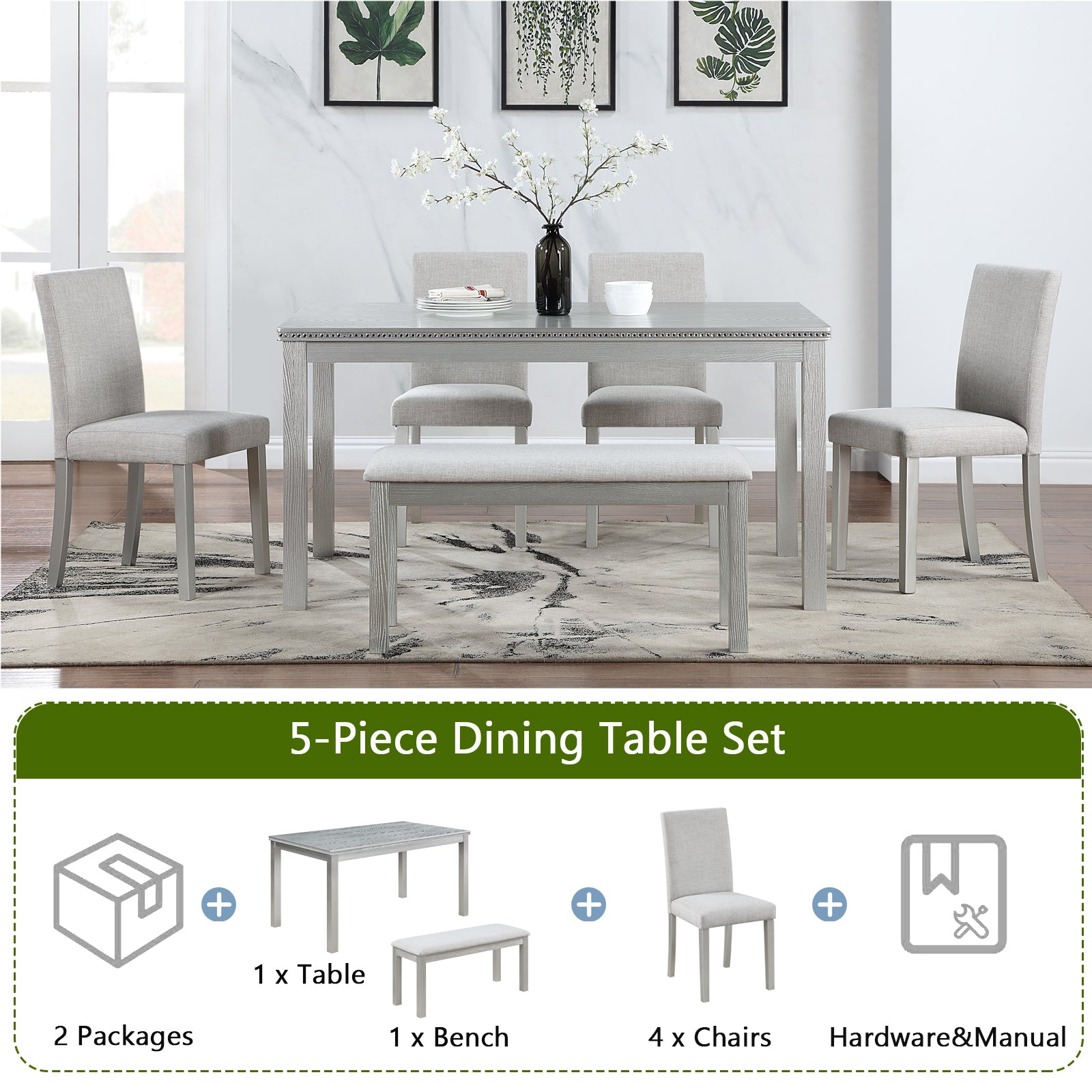 Wooden Dining Rectangular Table With Bench, Kitchen Table With Bench For Small Space, 6 Person Dining Table, Silver Grey Beige Silver Gray Seats 6 Dining Room Rectangular 4 Leg Rectangular Dining Table With Chair And Bench Solid Wood Mdf