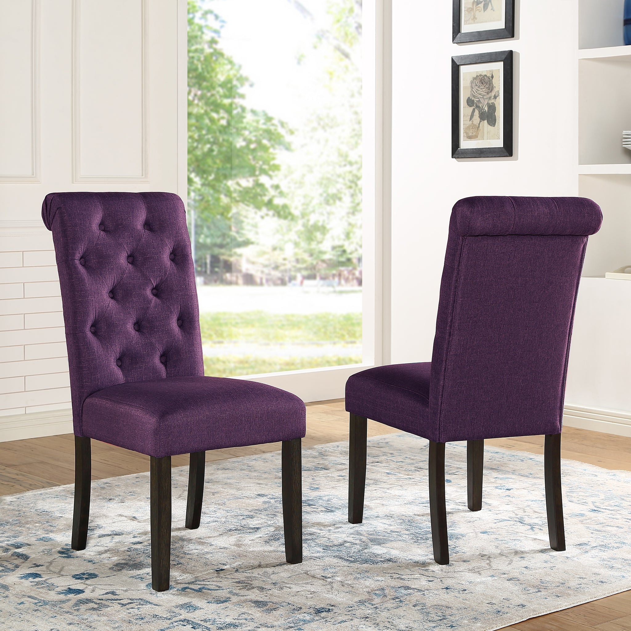 Leviton Solid Wood Tufted Asons Dining Chair, Set Of 2, Purple Purple Polyester Blend