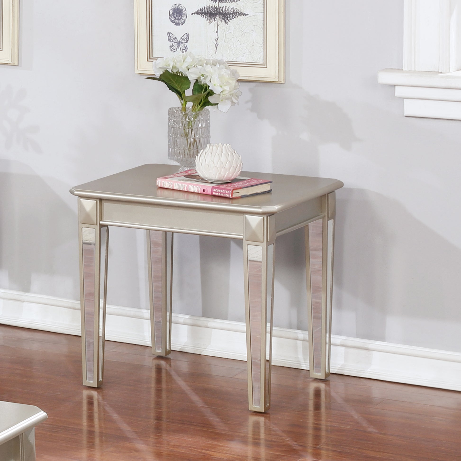 Barent Contemporary Wood End Table With Mirrored Legs, Champagne Champagne Mdf