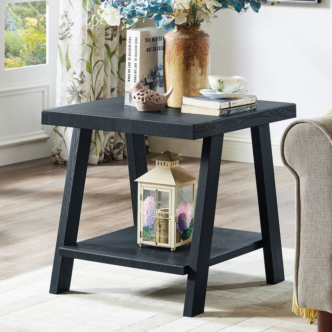 Athens Contemporary Replicated Wood Shelf End Table In Black Finish Black Wood