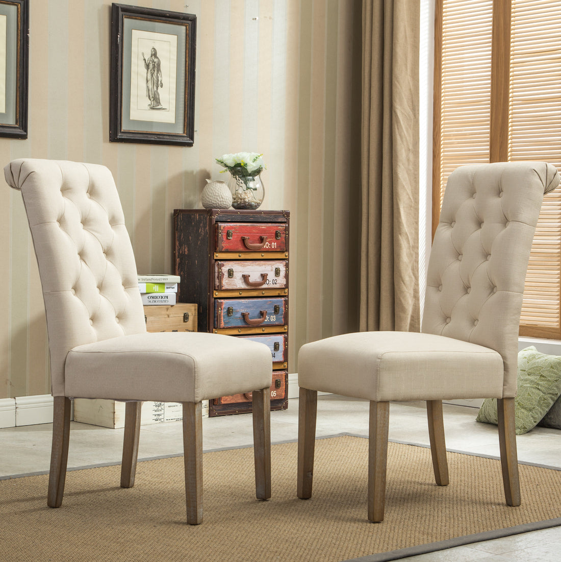 Habit Solid Wood Tufted Parsons Dining Chair, Set Of 2, Tan Tan Polyester